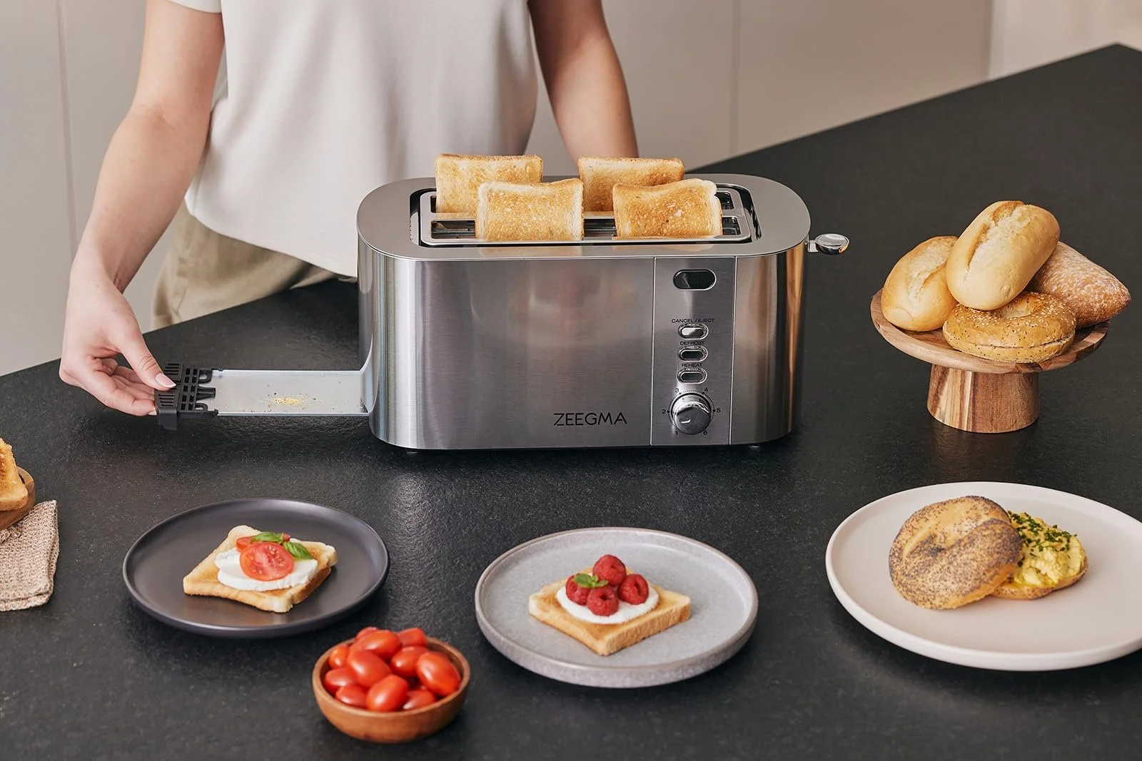 Тостер ZEEGMA TOSTEE CHEF 4 скибочки Нержавіюча сталь 1500 Вт Розморожування Підігрів Зупинка Відсік для крихт Світлодіодний таймер 6 рівнів, фото №7