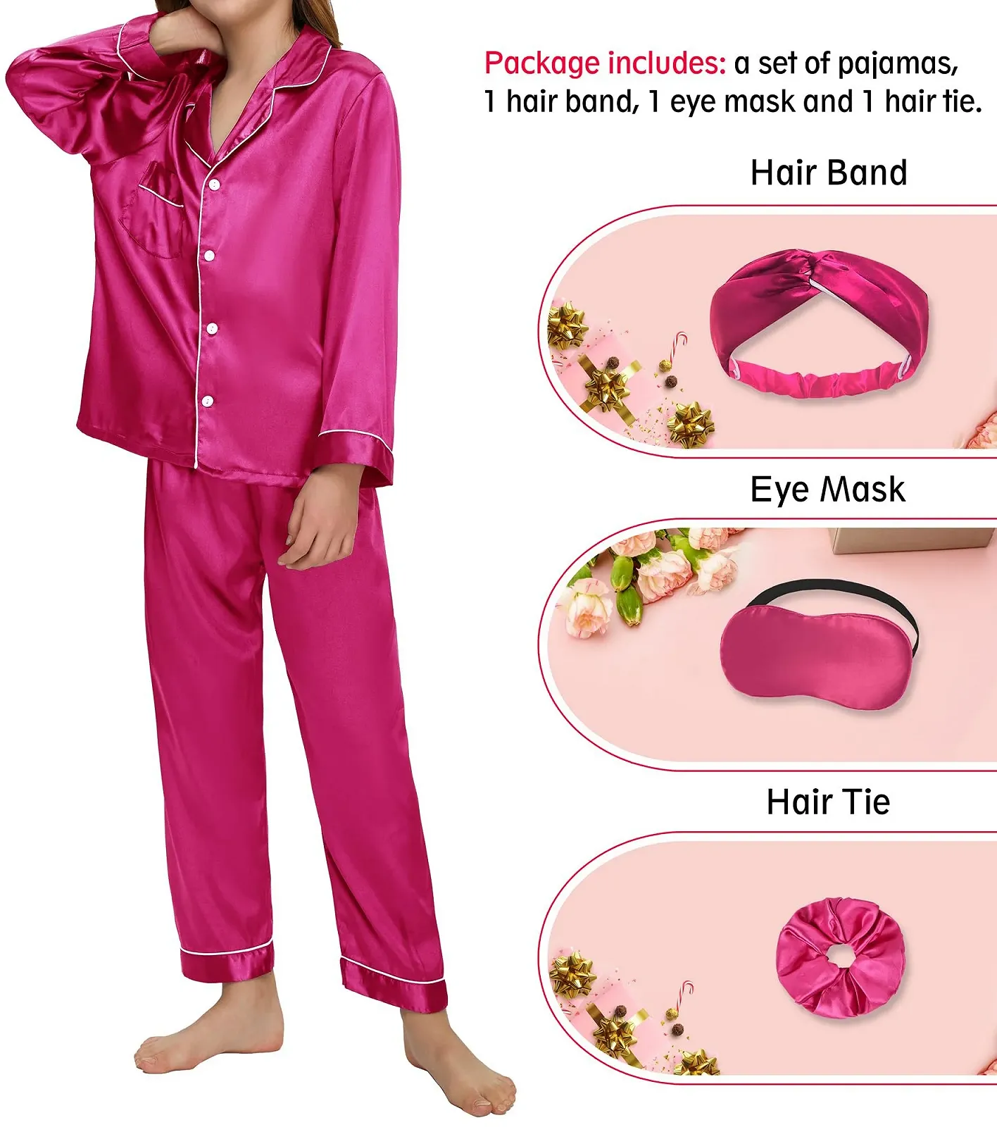 Комплект детской пижамы EPLAZA для девочек и мальчиков: атласная пижама, шелковая повязка на голову, маска для глаз, скранчи, фото №5 Комплект детской пижамы EPLAZA для девочек и мальчиков: атласная пижама, шелковая повязка на голову, маска для глаз, скранчи, фото №5