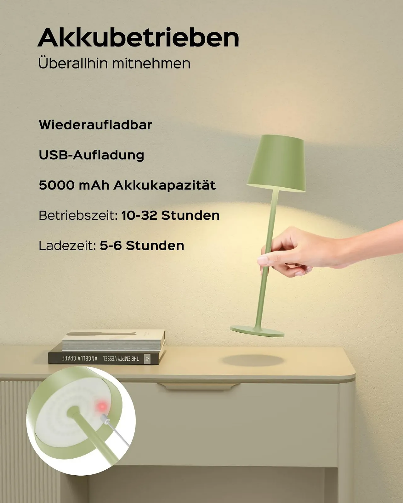 Настільна лампа JACKYLED бездротова акумуляторна 5000 мАг LED з димуванням регульована висота, фото №4