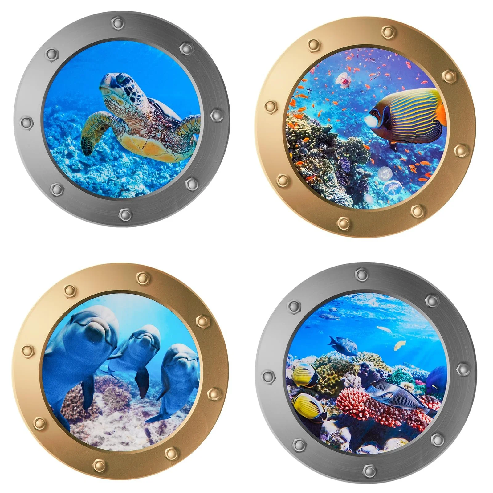Наклейки на стіну 3D Underwater World Porthole 4 шт Золотистий + сріблястий, фото №1