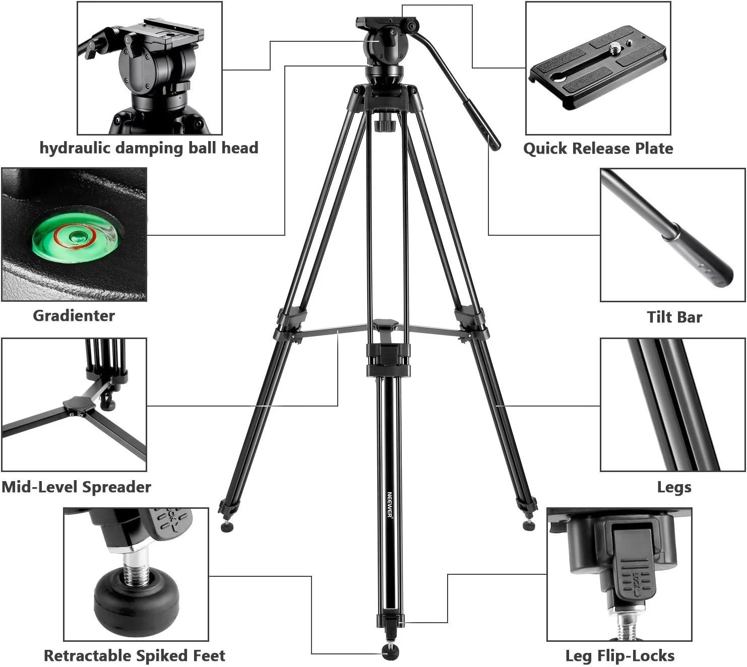 Штатив NEEWER 155 см з гідравлічною головкою, що обертається на 360 градусів Чорний, фото №3