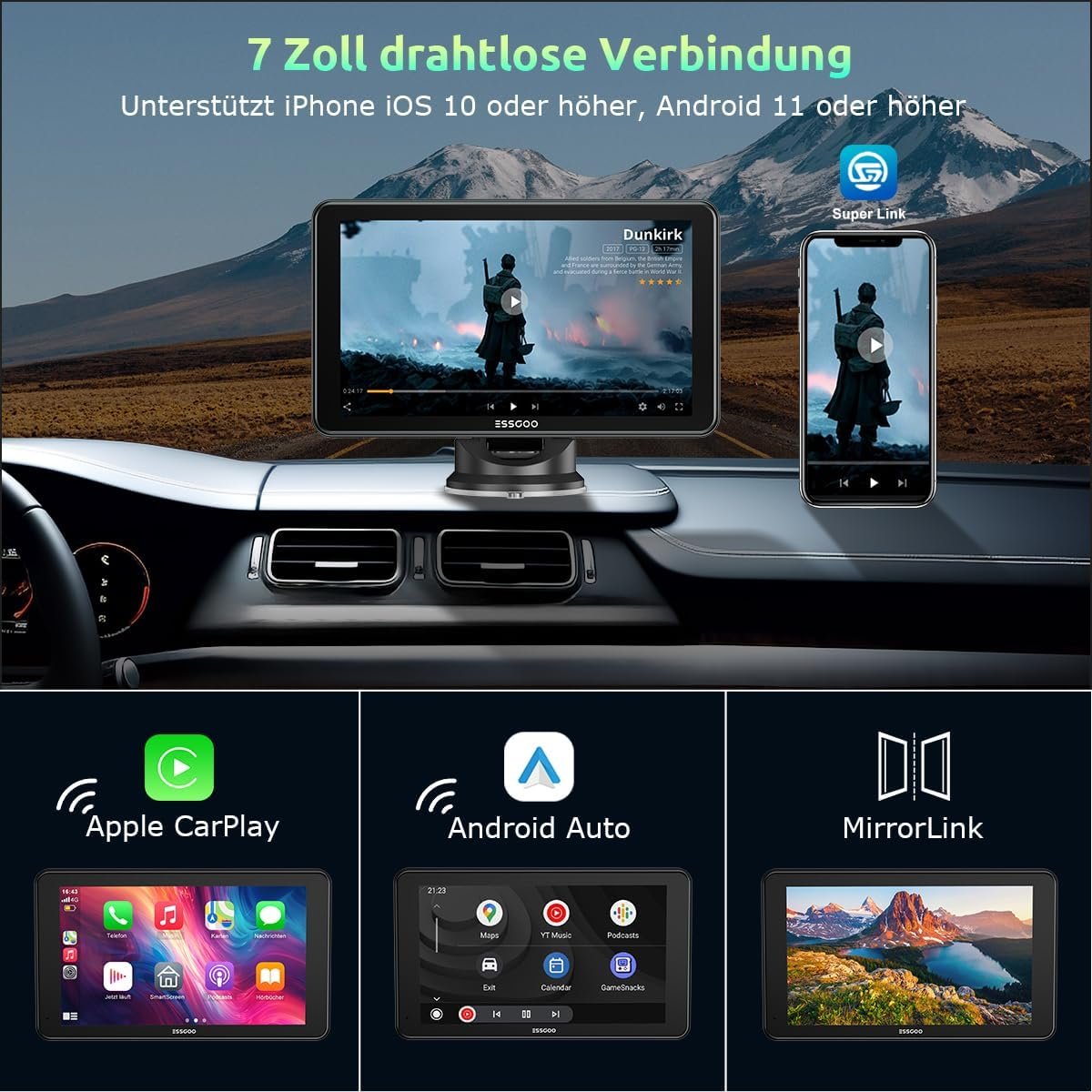 Автомагнітола ESSGOO 743CP / 7" / Сенсорная / Apple CarPlay / Android Auto / GPS / Bluetooth / AUX / USB, фото №3