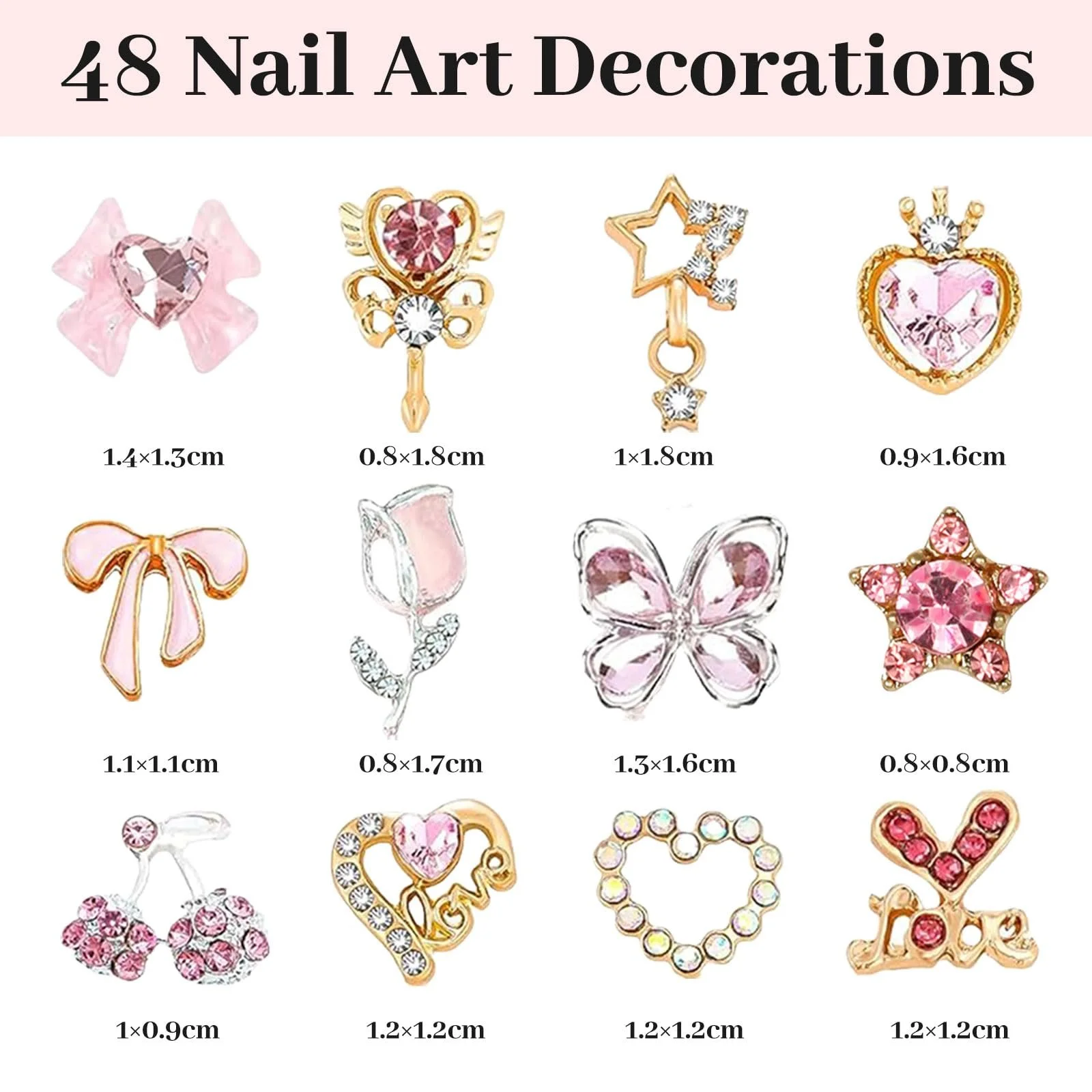 Набір прикрас для нігтів 48шт Прикраса для нігтів Серце Зірка Тюльпан Прикраса для нігтів Вишня 3D сплав, фото №2