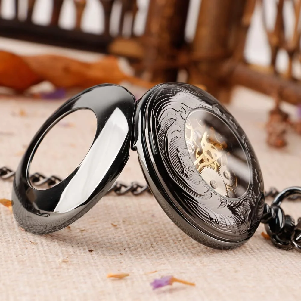 Кишеньковий годинник Механічний Tiong Вінтажний гладка сталь Скелетон Чорний, фото №7