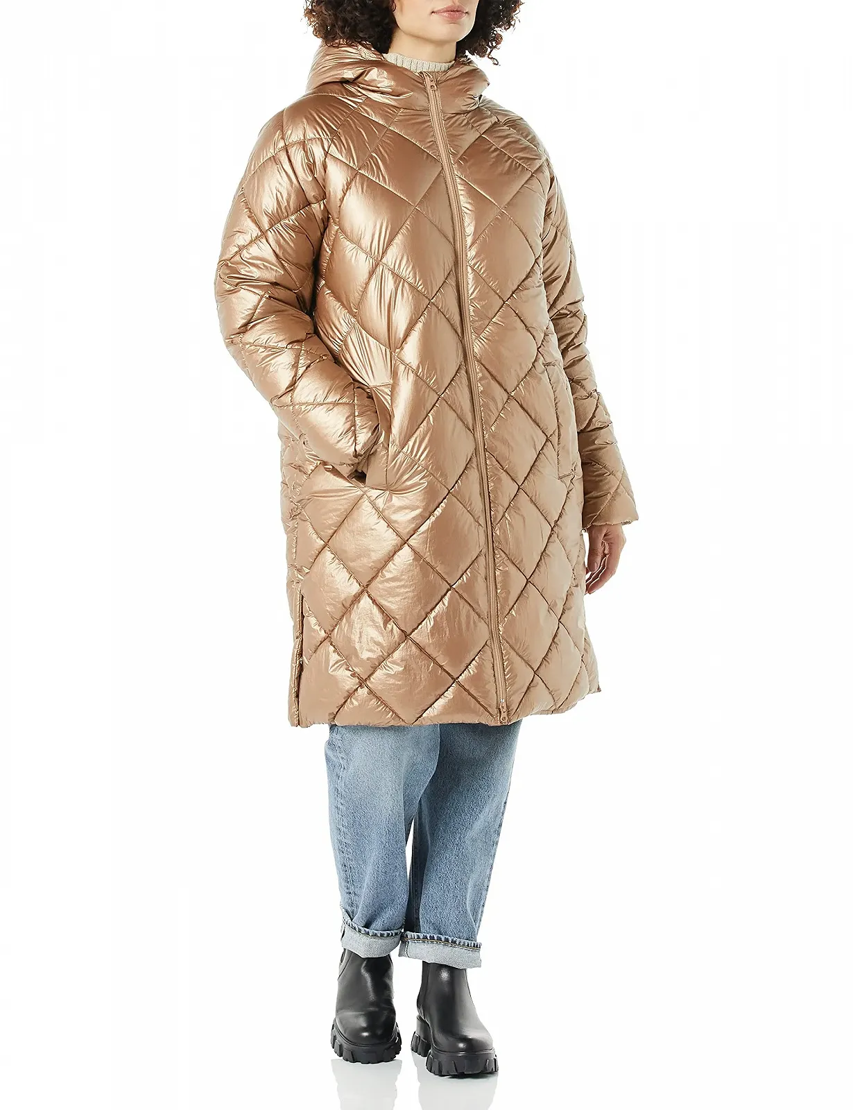 Женское зимнее пальто-пуховик Amazon Essentials до колена с ромбовидной прошивкой и капюшоном, фото №3