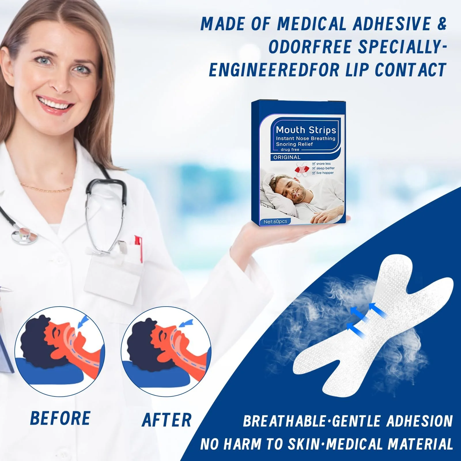 Пластирі для рота (120 шт.) для сну, запобігають хропінню, сприяють розвитку звички дихати носом, фото №3 Пластирі для рота (120 шт.) для сну, запобігають хропінню, сприяють розвитку звички дихати носом, фото №3