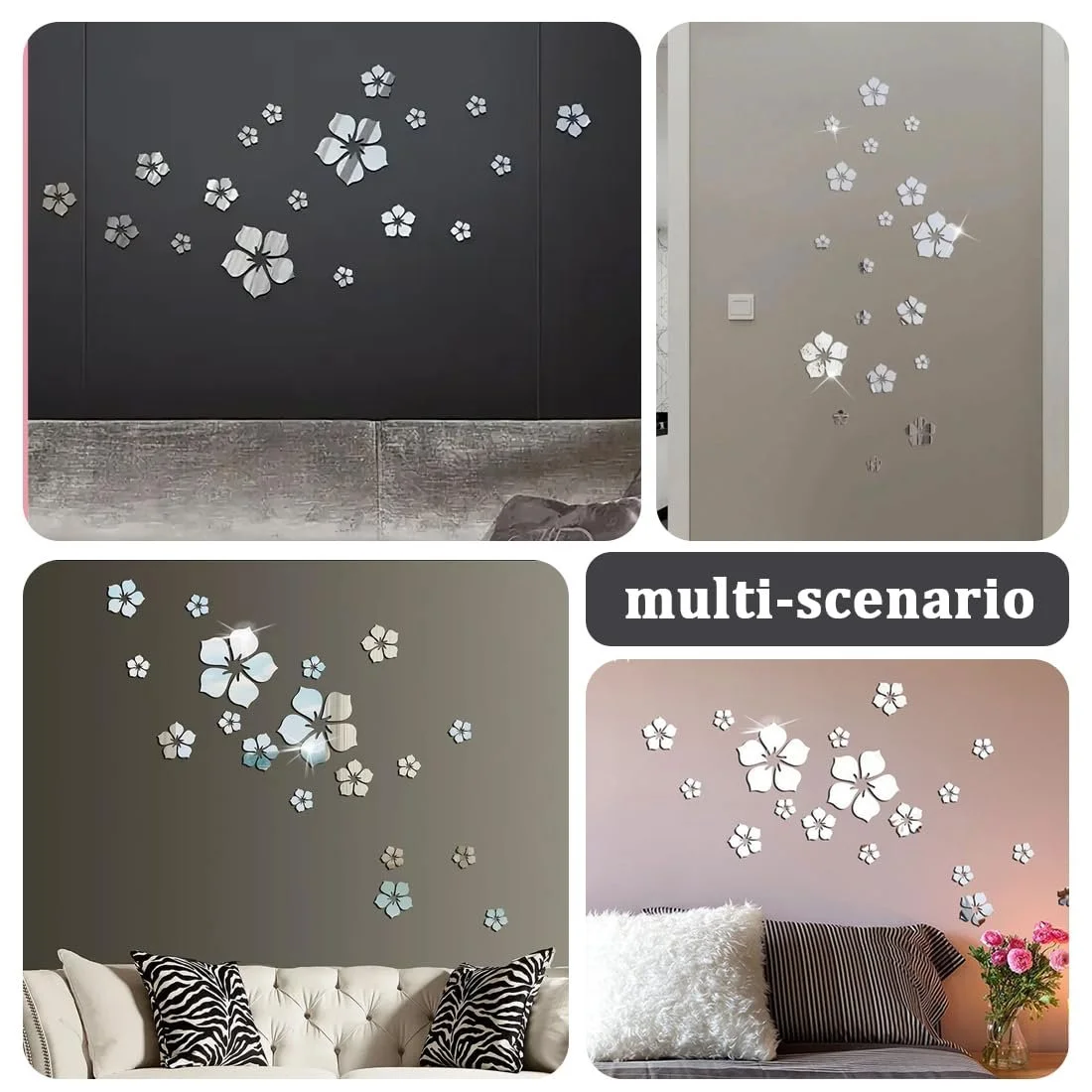 Наклейки на стену зеркальные 18 штук Акриловые цветы Серебристые, фото №6