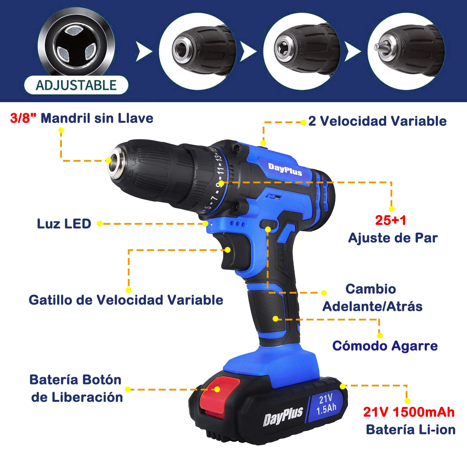 Акумуляторний Шурупокрут 21V з 1 батареєю 1.5Ah 42Nm Макс акумуляторний дриль 2 швидкості 25+1 налаштування крутного моменту 10мм патрон LED світло для дому та DIY, фото №2 Акумуляторний Шурупокрут 21V з 1 батареєю 1.5Ah 42Nm Макс акумуляторний дриль 2 швидкості 25+1 налаштування крутного моменту 10мм патрон LED світло для дому та DIY, фото №2