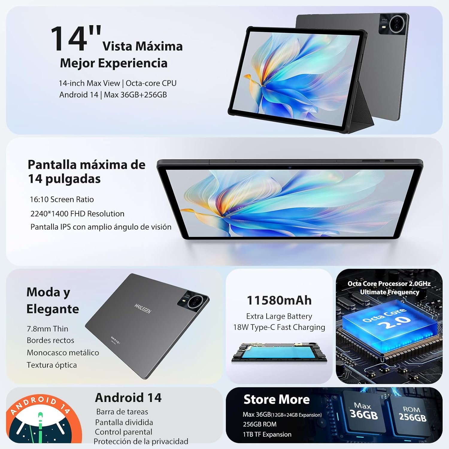 Планшет 14" 2.5K MAXLEGEN M621 12+24/256Gb 4G2-SIM 8 ядер Android 14 11580 mAh Серый, фото №3