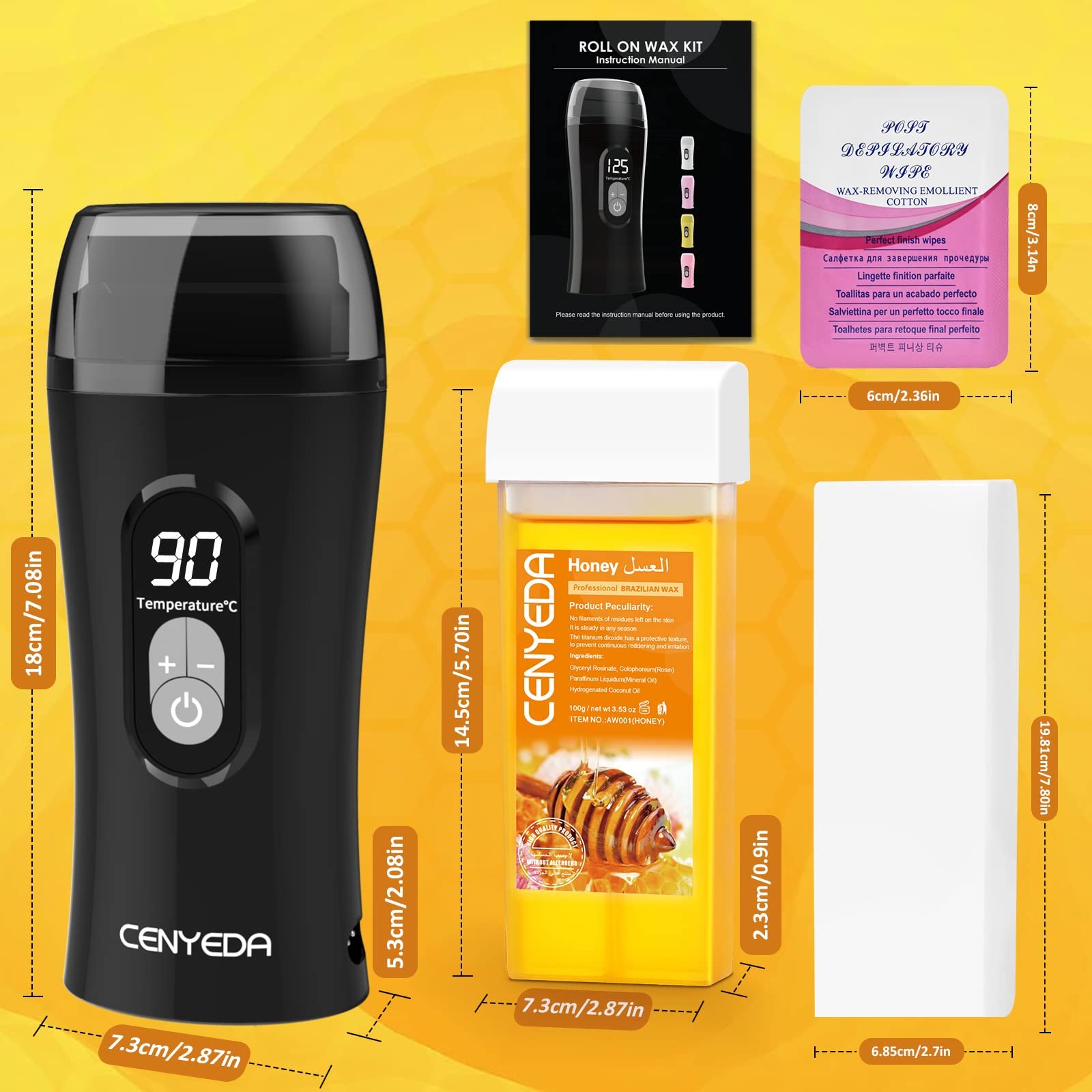 Набор для депиляции CENYEDA Digital Roll On Wax Kit цифровой воскоплав с 2 медовыми картриджами, 10 маслами и 100 полосками, фото №4