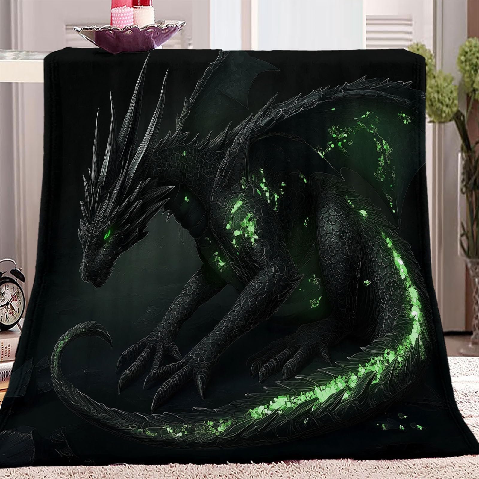 Одеяло Фланелевое Мягкое, Абстрактный Неоновый Дракон, 220 x 240 см, Зеленый, Черный, фото №1