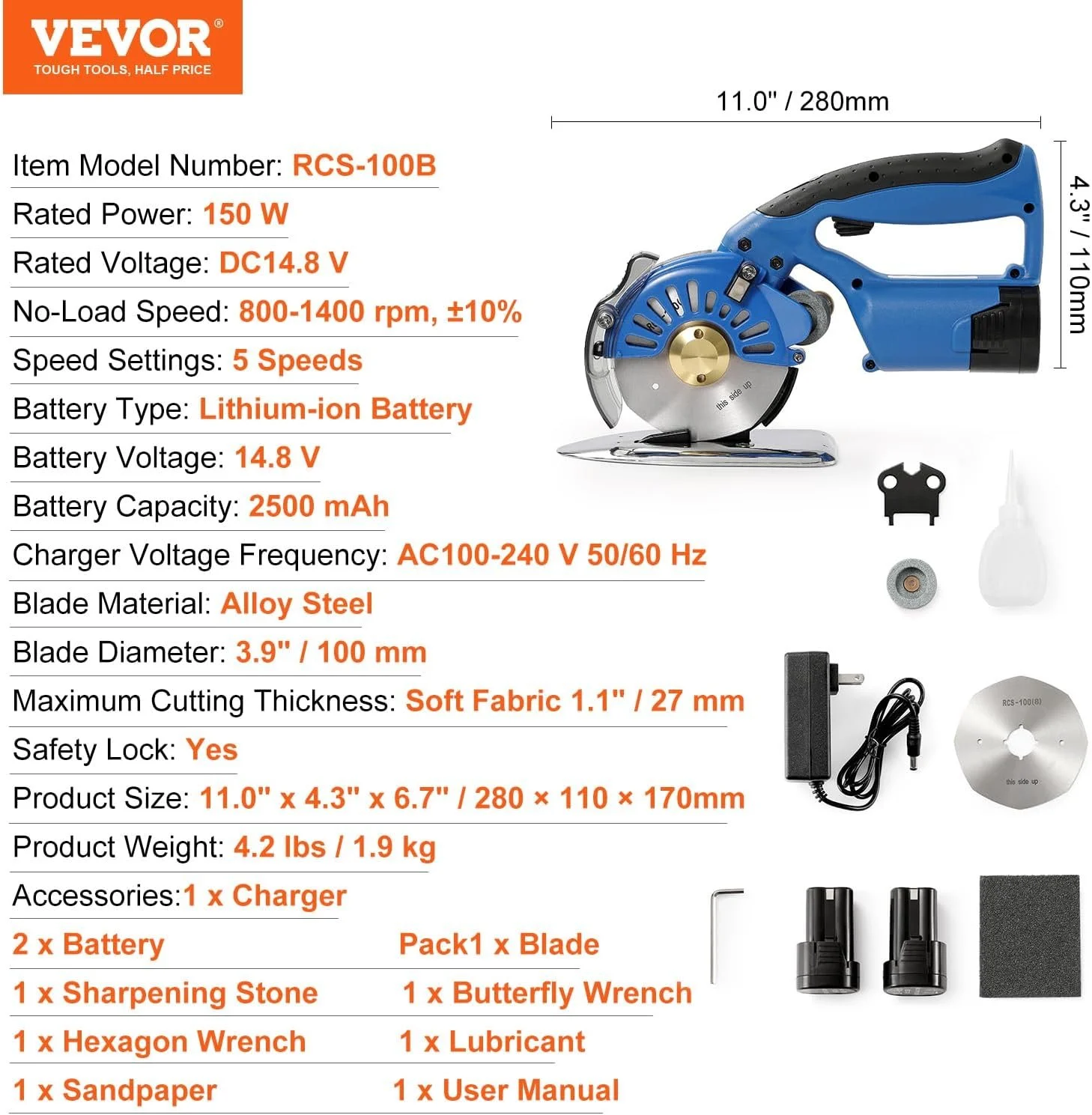 Резак для ткани VEVOR RCS-100B Blue, фото №7 Резак для ткани VEVOR RCS-100B Blue, фото №7