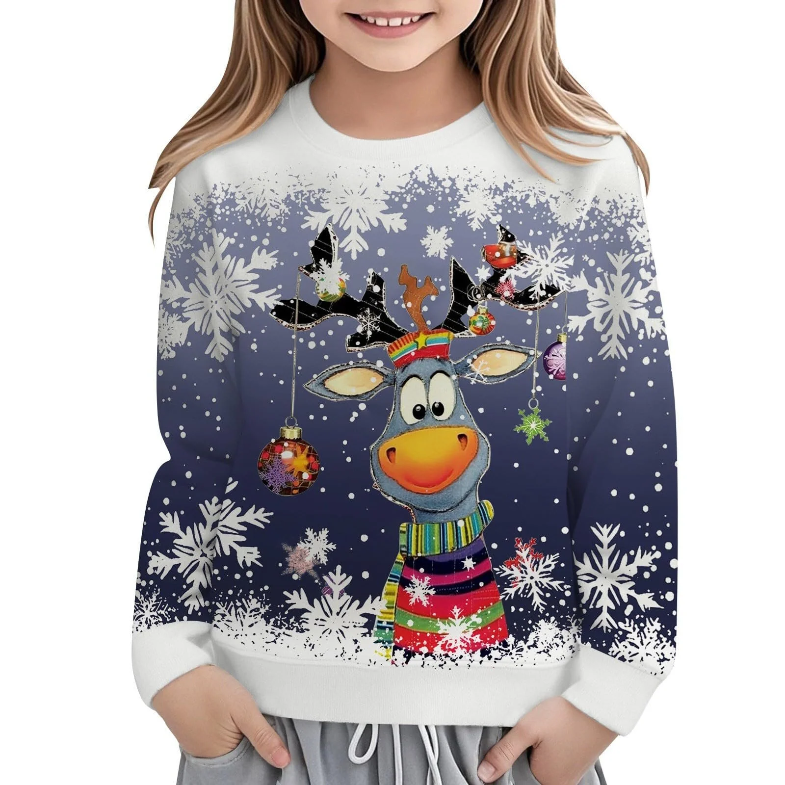 Джемпер Рождественский для мальчиков и девочек, праздничный свитшот с принтом оленей, длинный рукав, круглый вырез, праздничный уютный пуловер, фото №1