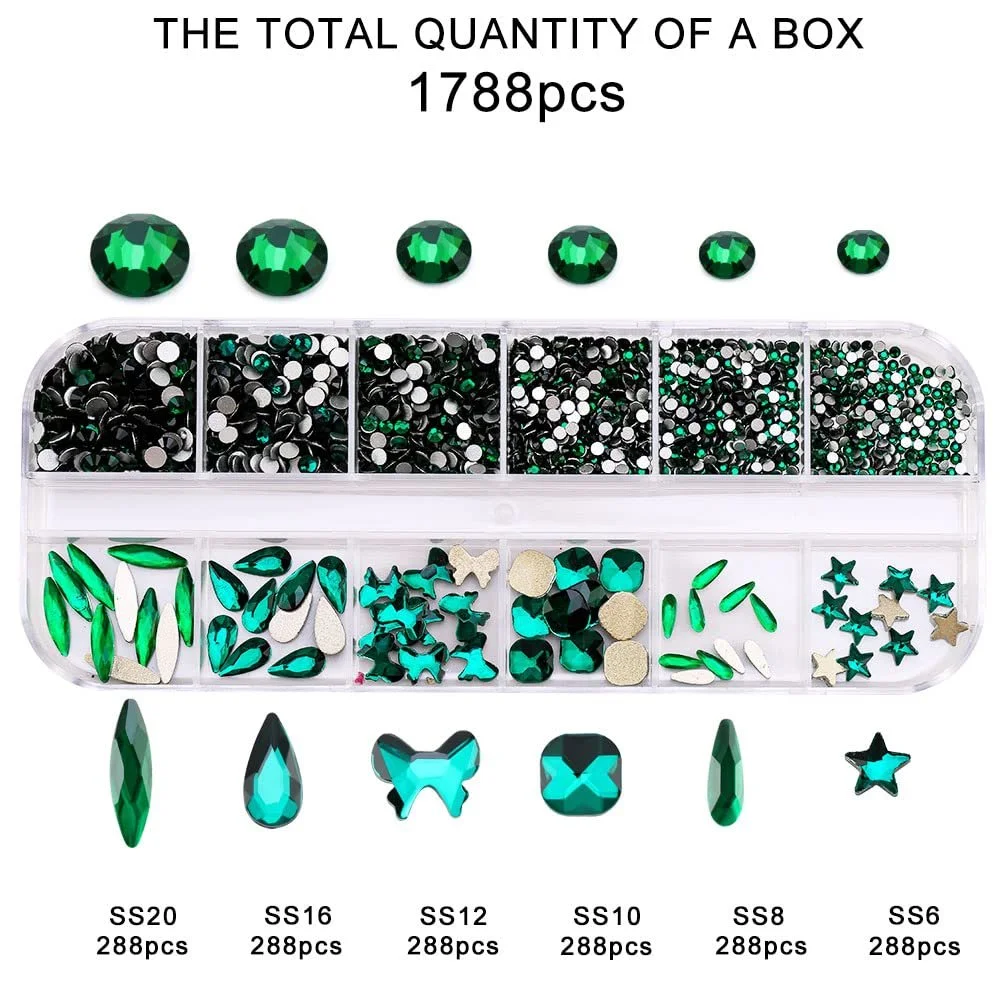 Стразы Плоские для ногтей DIY Камни Кристаллы Стекло Бриллианты Набор для украшений с пинцетом и ручкой для подбора 12 цветов Зеленый, фото №3