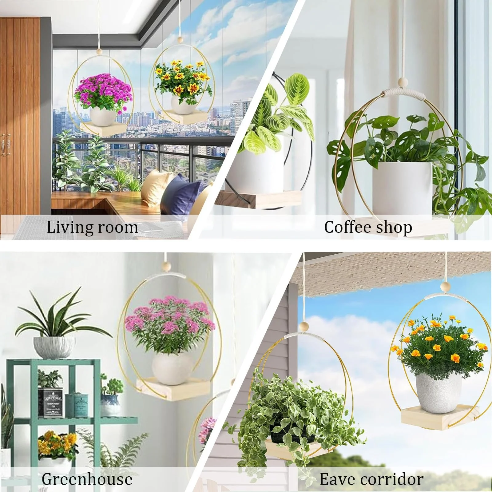 Підвісний кошик для рослин Металевий з дерев’яною основою та регульованою мотузкою Золотистий, фото №4 Підвісний кошик для рослин Металевий з дерев’яною основою та регульованою мотузкою Золотистий, фото №4