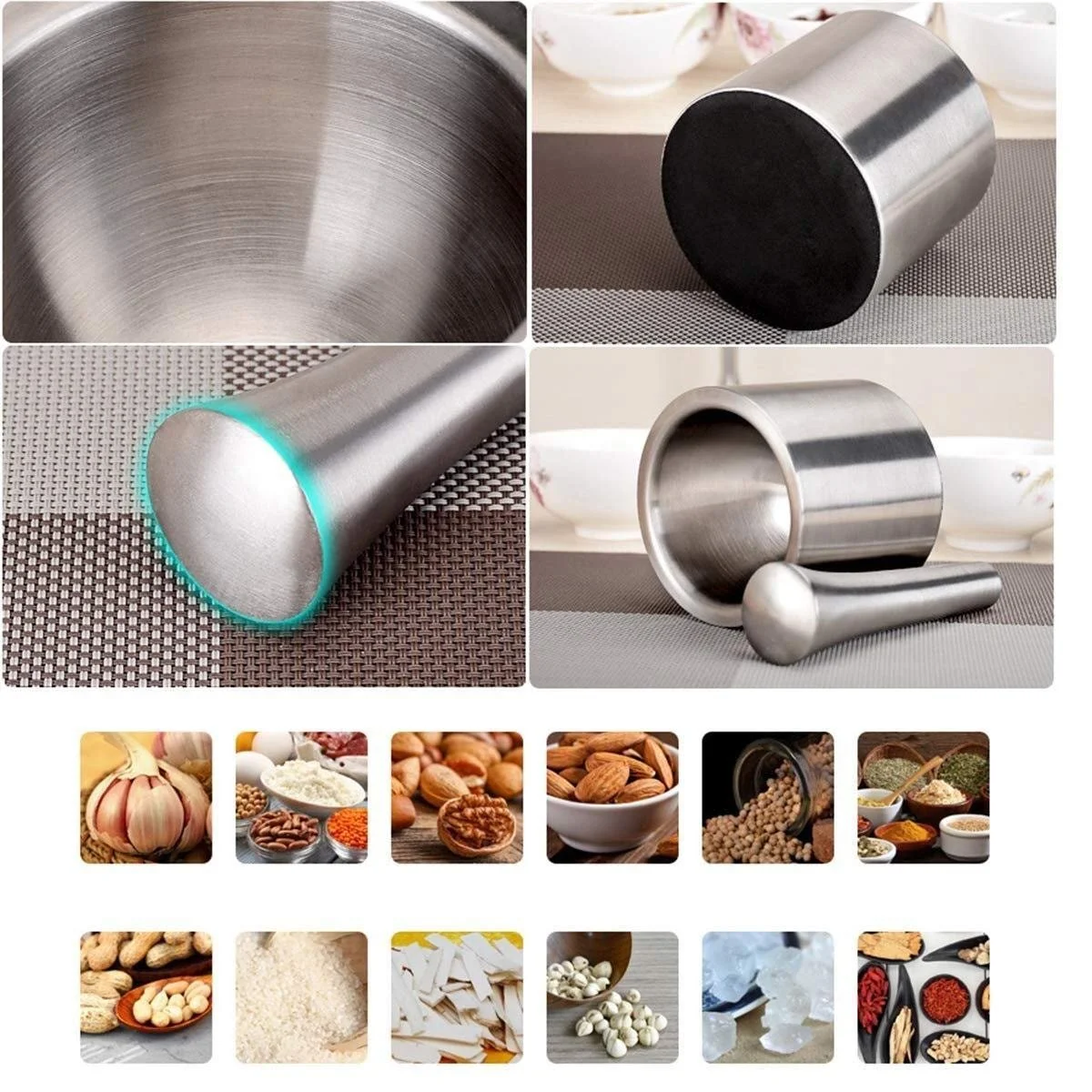 Ступка с пестиком нержавеющая сталь для специй Прочная эргономичная конструкция для приправ и измельчения, фото №3