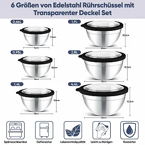Набор мисок для смешивания Homikit 6 предметов 4.5 л 2.8 л 2.5 л 1.6 л 1.2 л 0.7 л Stainless Steel Black synthetic.ua - Фото 1