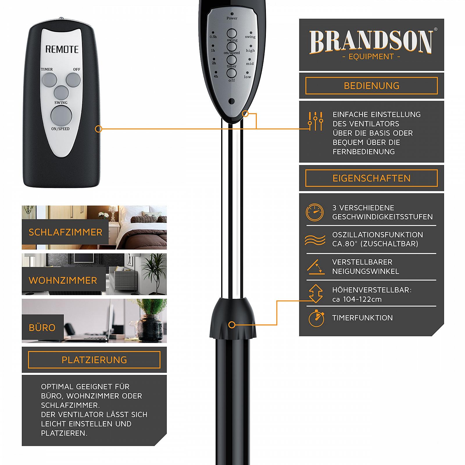 Вентилятор напольный Brandson 40 cm с пультом дистанционного управления, регулируемой высотой, регулируемым углом наклона, 50 W, 3 уровня скорости, функция вращения 80°, черный, фото №5