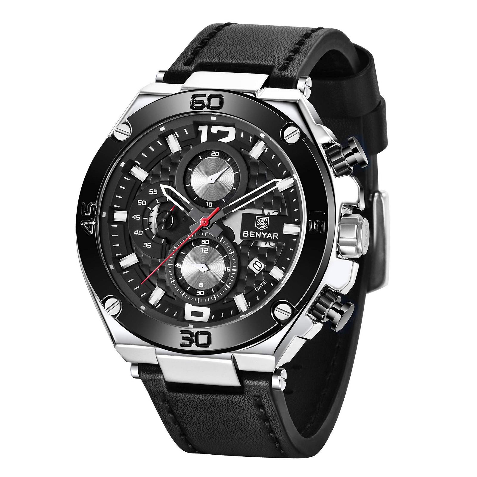 Чоловічий годинник Benyar Quartz Chronograph шкіряний ремінець водонепроникний, фото №1