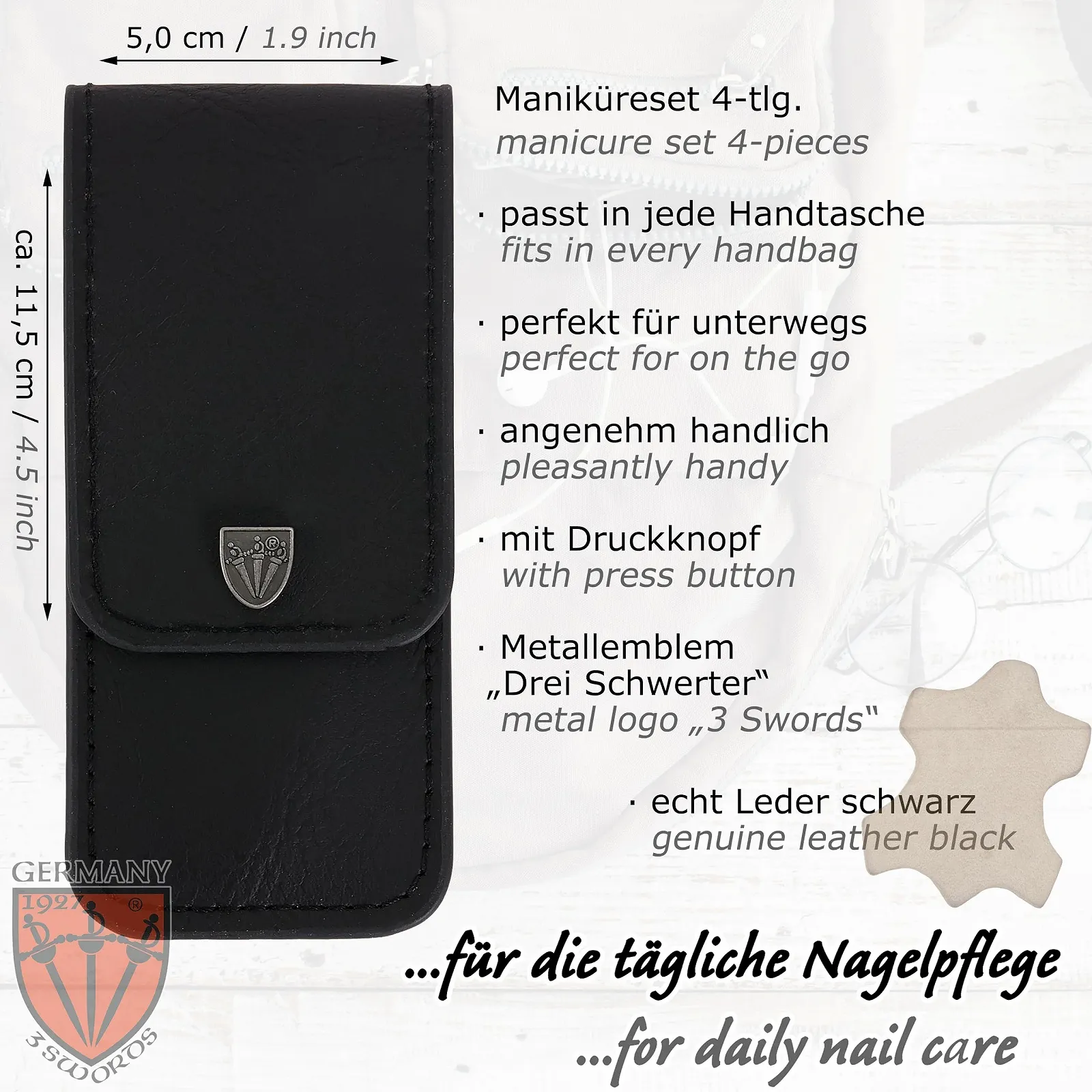 Набор для маникюра 3 Swords Nostalgie 3 предмета, в чехле из натуральной кожи Black, фото №4