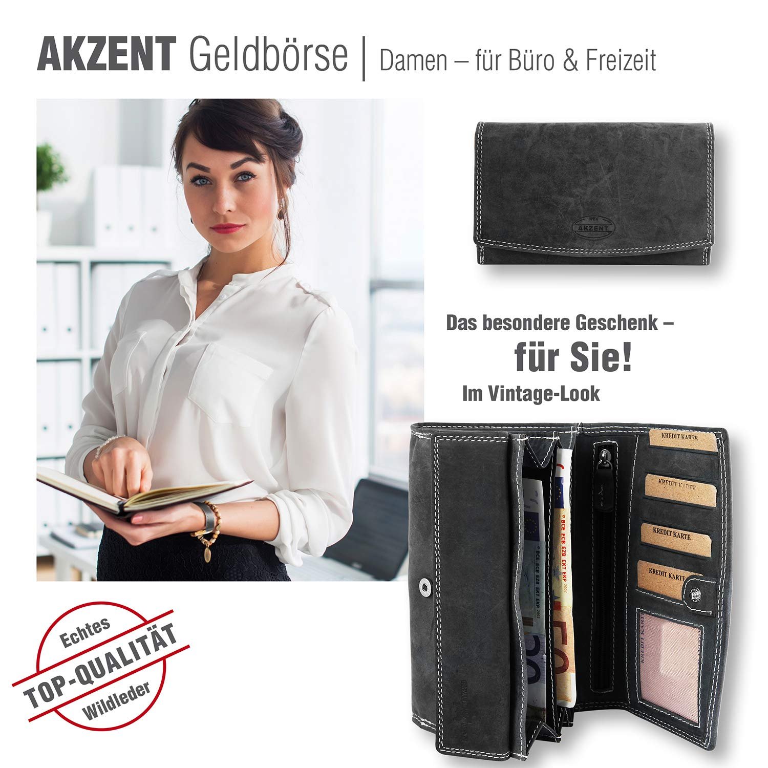 Кошелек Akzent женский из натуральной кожи 16 x 10 см, угольный, фото №4