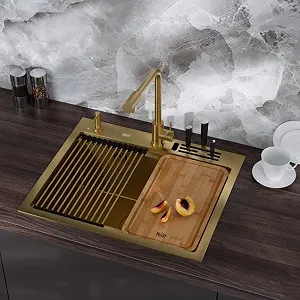 Мийка для кухні золота з нержавійки з PVD покриттям багатофункціональна Nett NG-5747 - Фото 1