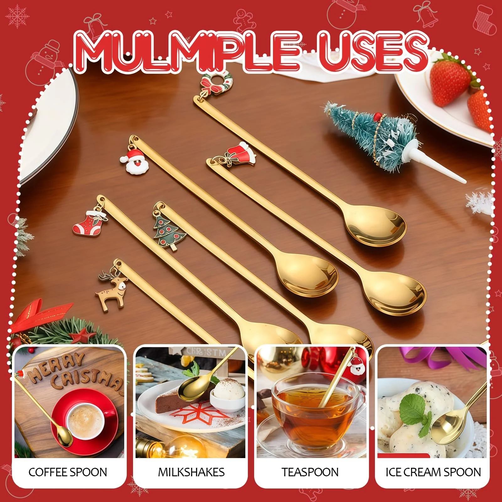 Ложки Рождественские, 6 штук, кофейные ложки из нержавеющей стали с рождественским кулоном, маленькая домашняя ложка, набор ложек, чайная ложка, десертная ложка, с подарочной упаковкой (золотой), фото №5