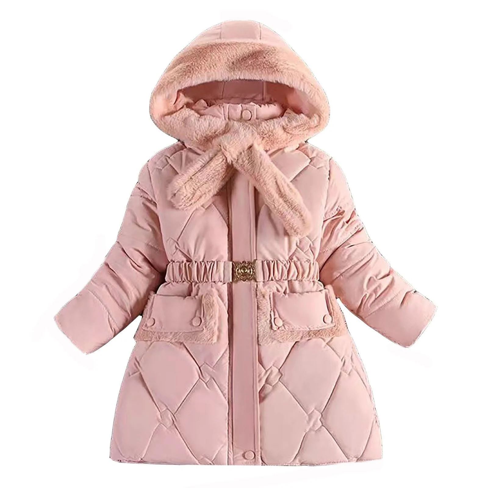 Зимнее пальто для девочек, длинная куртка софтшелл, ветрозащитная зимняя парка с меховым капюшоном, милая однотонная повседневная куртка-пуховик с молнией, фото №1