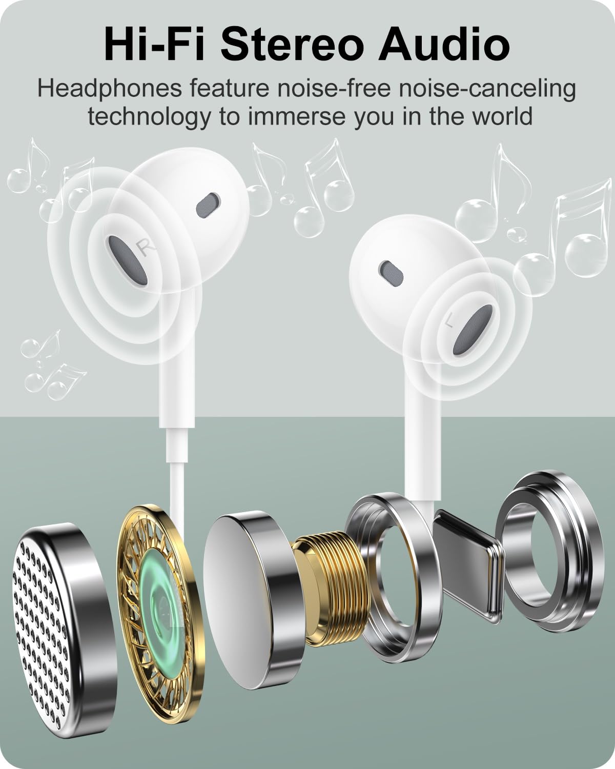 Набір з 2 навушників iPhone [MFi Сертифіковані] Вкладиші HiFi Стерео Шумозаглушення з кабелем, з управлінням гучністю та мікрофоном сумісні з iPhone 14 Pro Max/Pro/14 Plus/13/12/SE/11/XS, фото №3