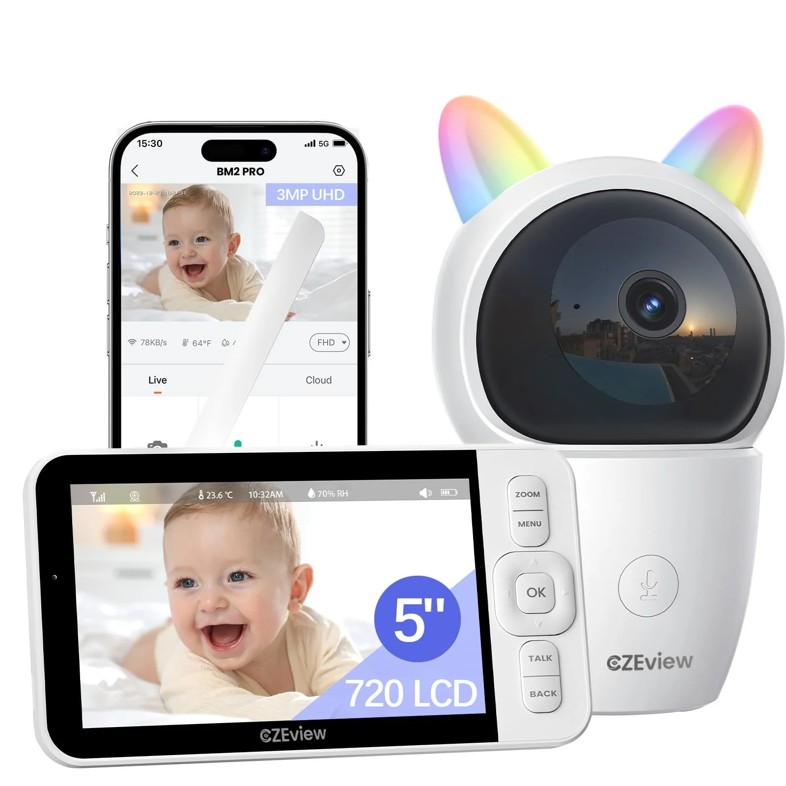 Видеоняня CZEview BM2 PRO 2K 5.0" HD WiFi, 360°, 4x зум, ночное видение, датчик плача, фото №1
