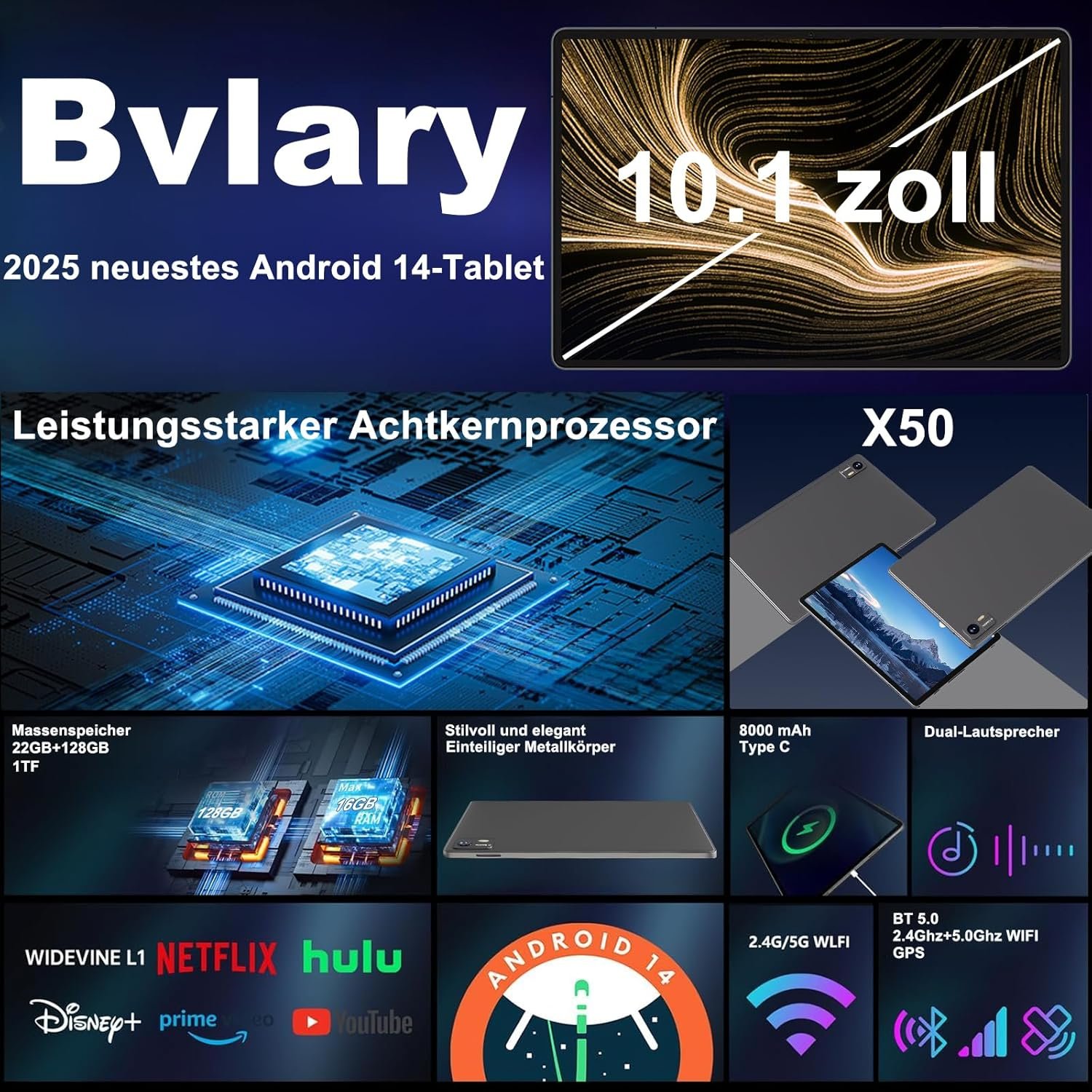 Планшет 10.1" Bvlary X50 4+4/128Gb 8 ядер Android 14 8000 mAh Серый, фото №3