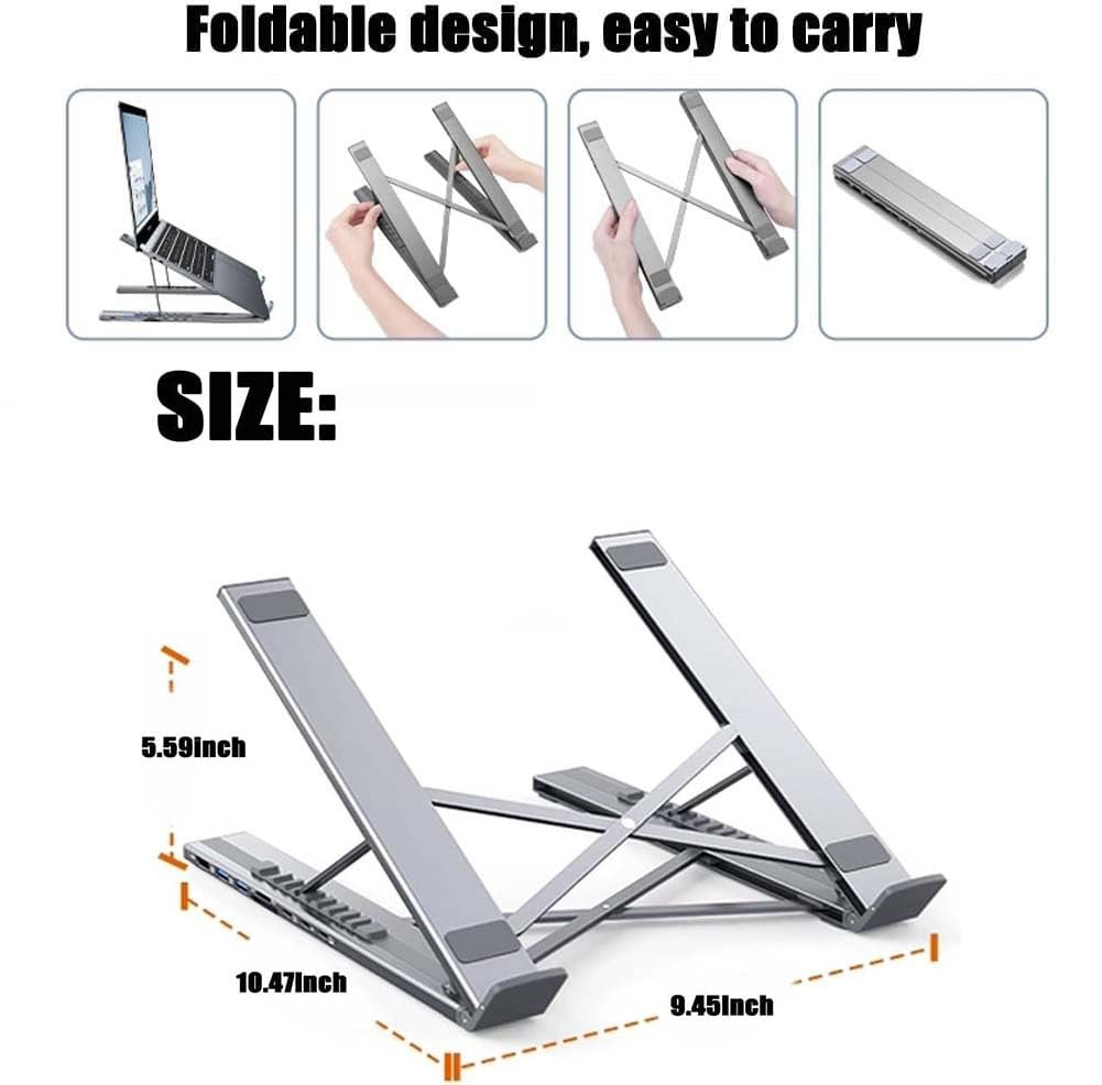 Подставка для ноутбука USB-C 8-в-1, алюминиевая подставка для ноутбука с док-станцией USB C 8-в-1, HDMI 4K при 30 Гц, портативная подставка для ноутбука с 6 регулируемыми углами, складная вентилируемая охлаждающая подставка для ноутбука, фото №4 Подставка для ноутбука USB-C 8-в-1, алюминиевая подставка для ноутбука с док-станцией USB C 8-в-1, HDMI 4K при 30 Гц, портативная подставка для ноутбука с 6 регулируемыми углами, складная вентилируемая охлаждающая подставка для ноутбука, фото №4