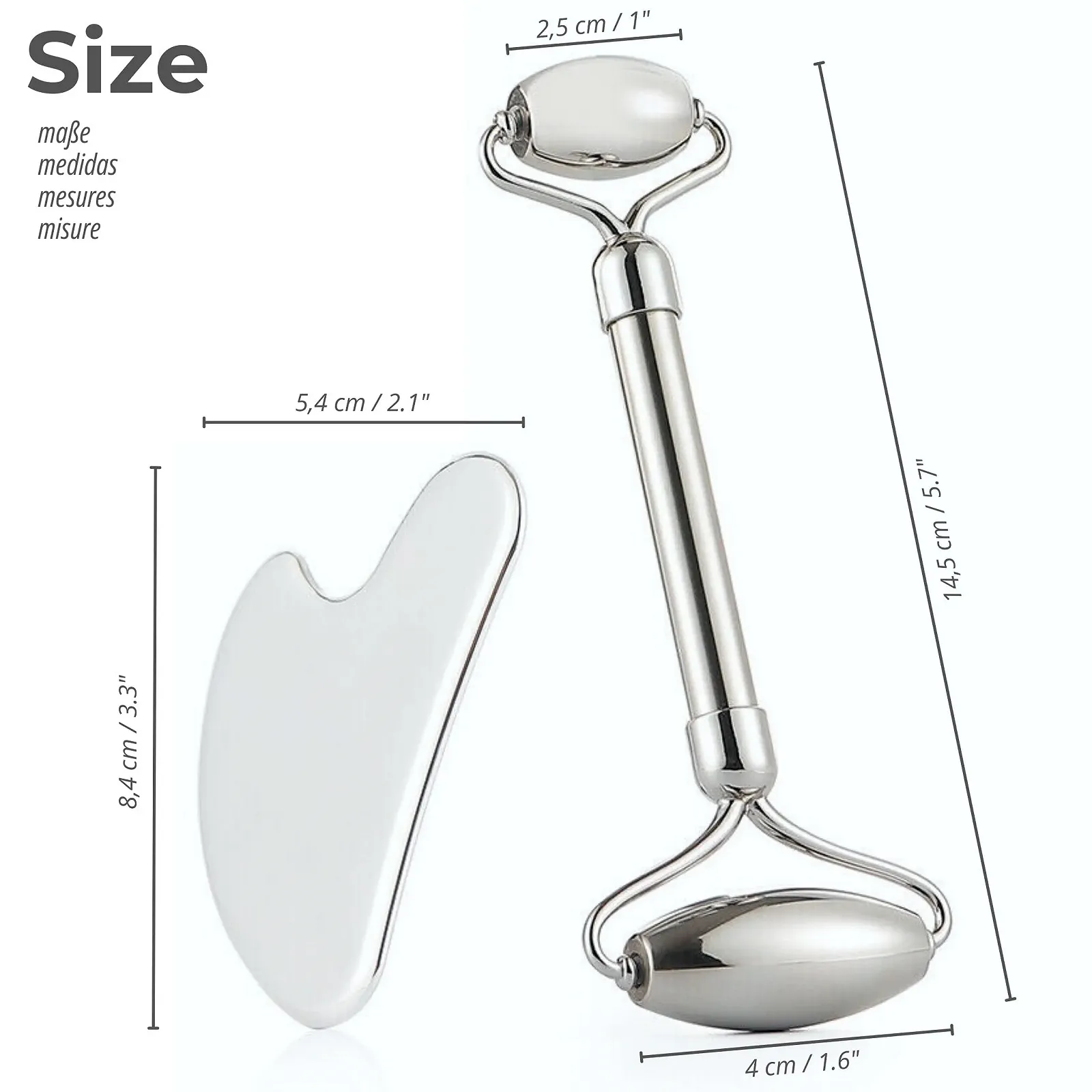 Набір Gua Sha + Масажний ролик для обличчя з нержавіючої сталі 304 і металевий камінь, фото №7