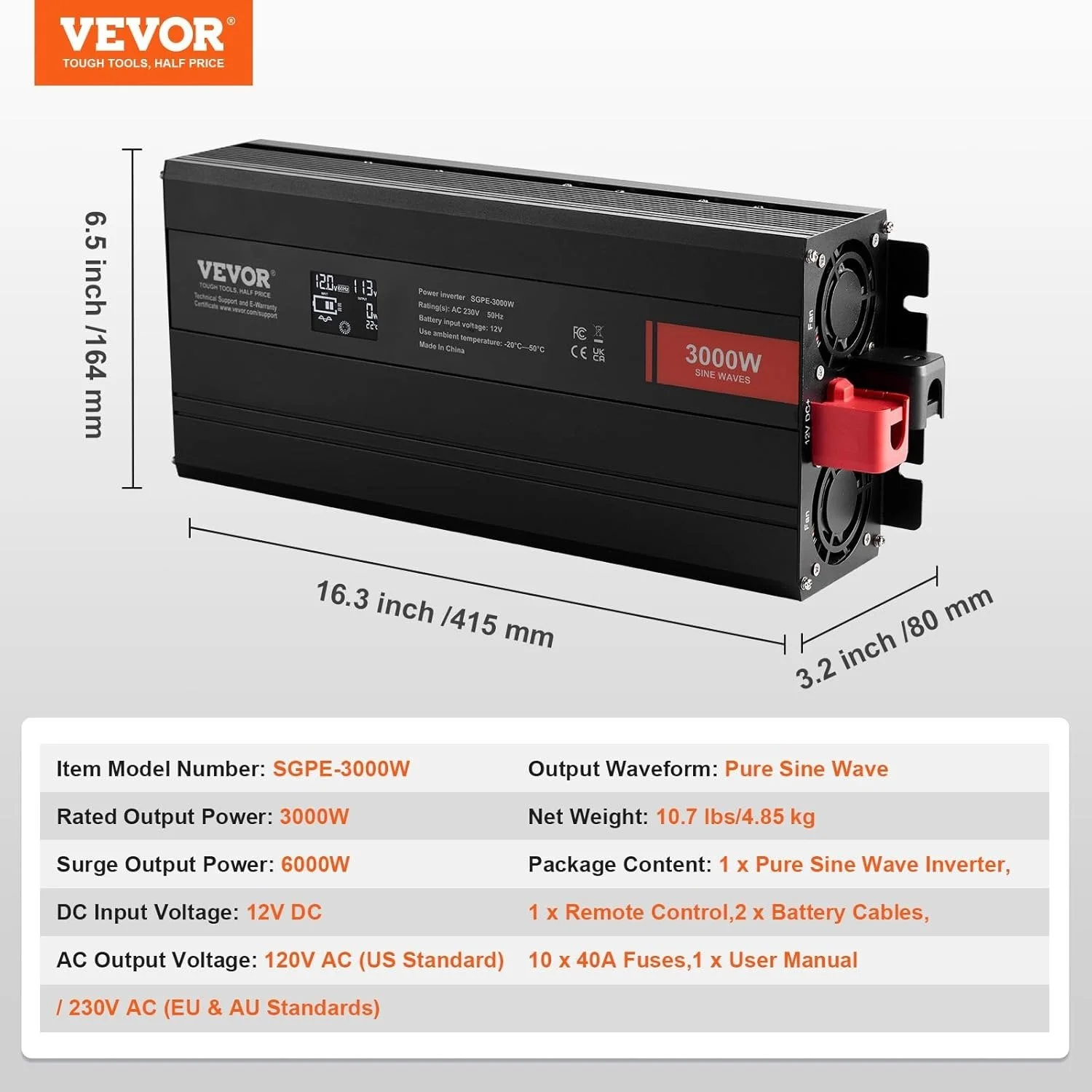 Инвертор VEVOR SGPE-3000W Чистая синусоида Black, фото №7
