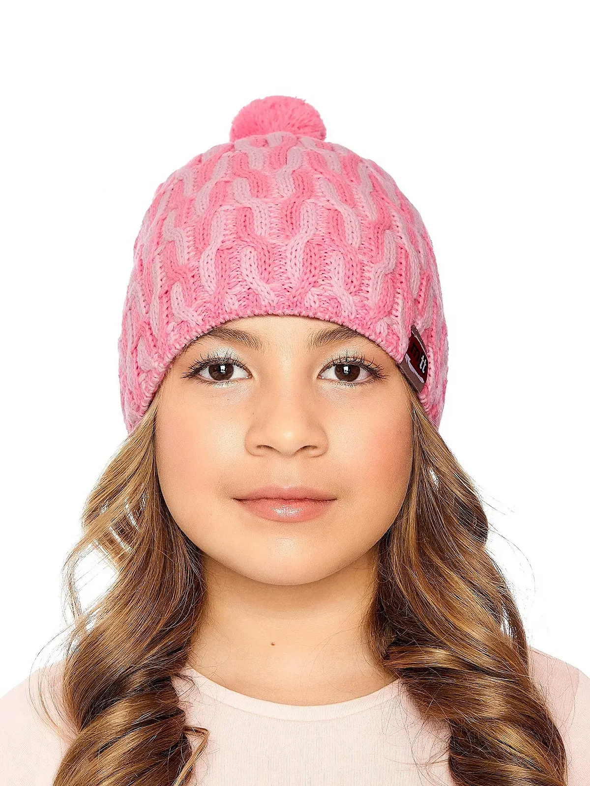 Шапка Marhatter Детская зимняя вязаная с помпоном Современная с вышивкой MTT, розовая, фото №3