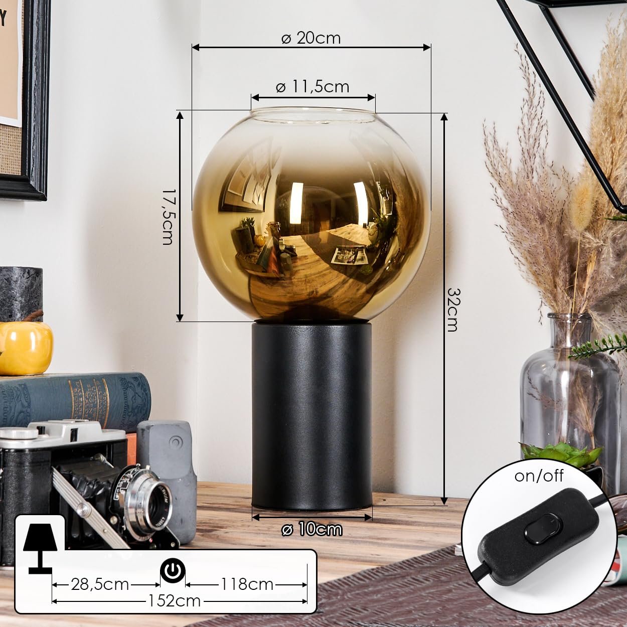 Настільна лампа HOFSTEIN Koyoto Метал/Скло E27 20 см Black/Gold/Clear, фото №4