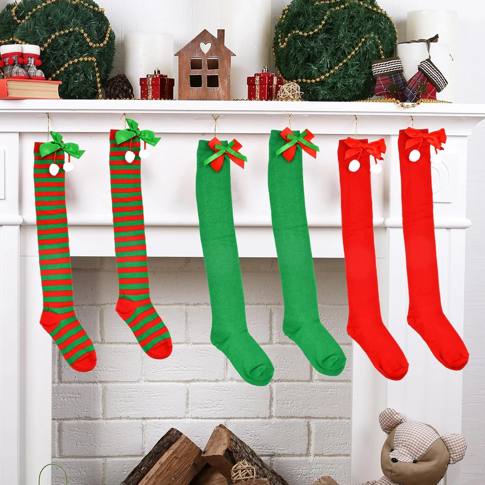 Жіночі гольфи Різдвяні в смужку (3 пари) для косплею, червоні, фото №7