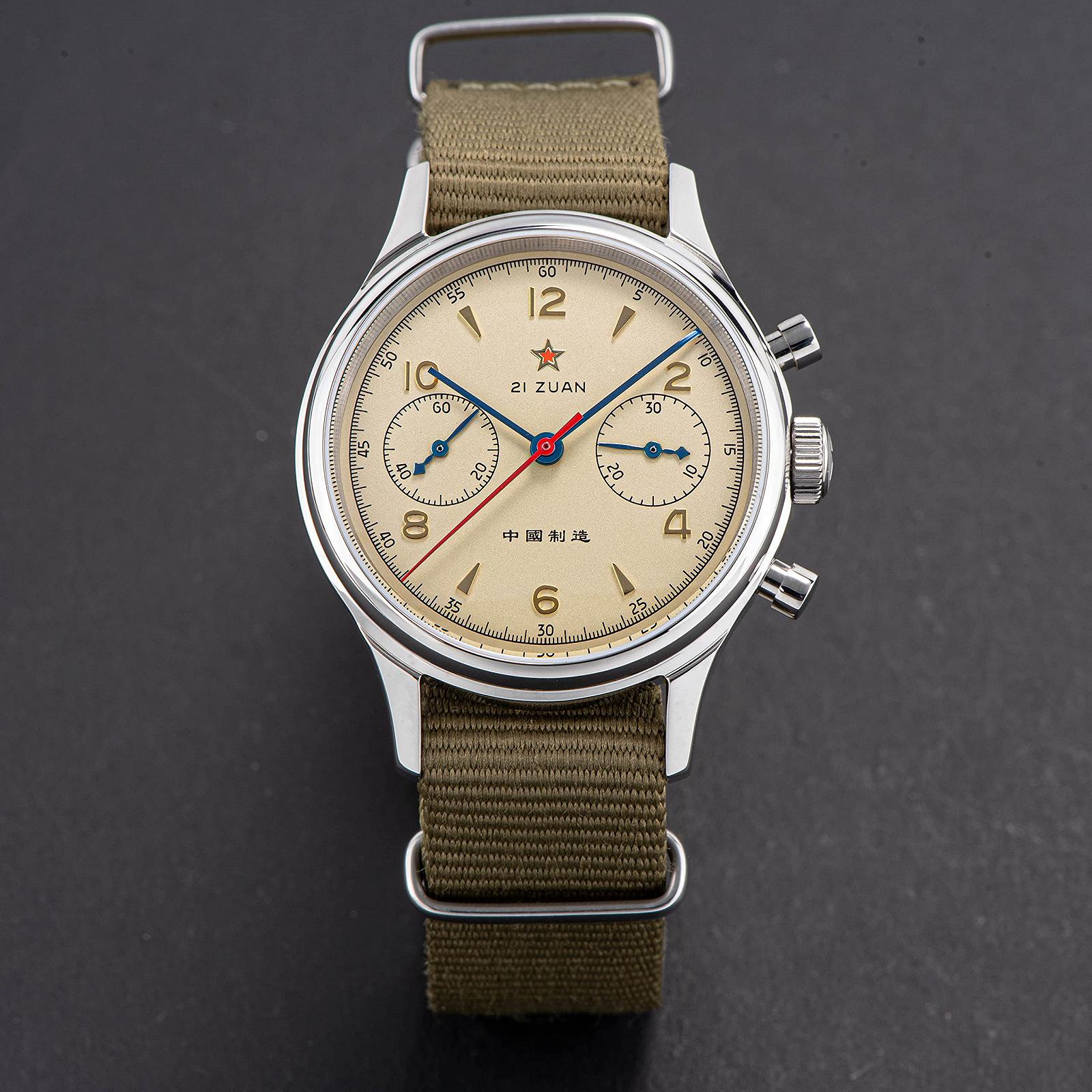 Чоловічі годинники Seagull 1963 SU1963BNX 38 мм хронограф пілота ST1901 сапфірове скло додатковий коричневий шкіряний ремінець зелений, фото №3