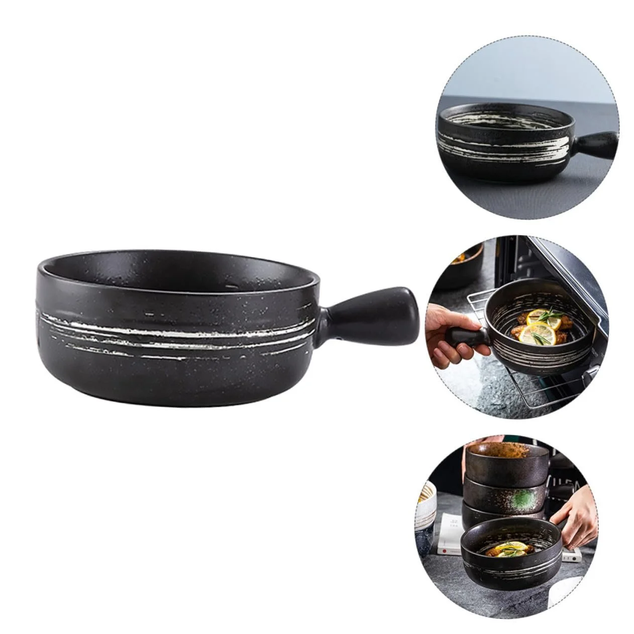 Миска для запікання керамічна з ручкою для мікрохвильової печі та духовки чорна, фото №6