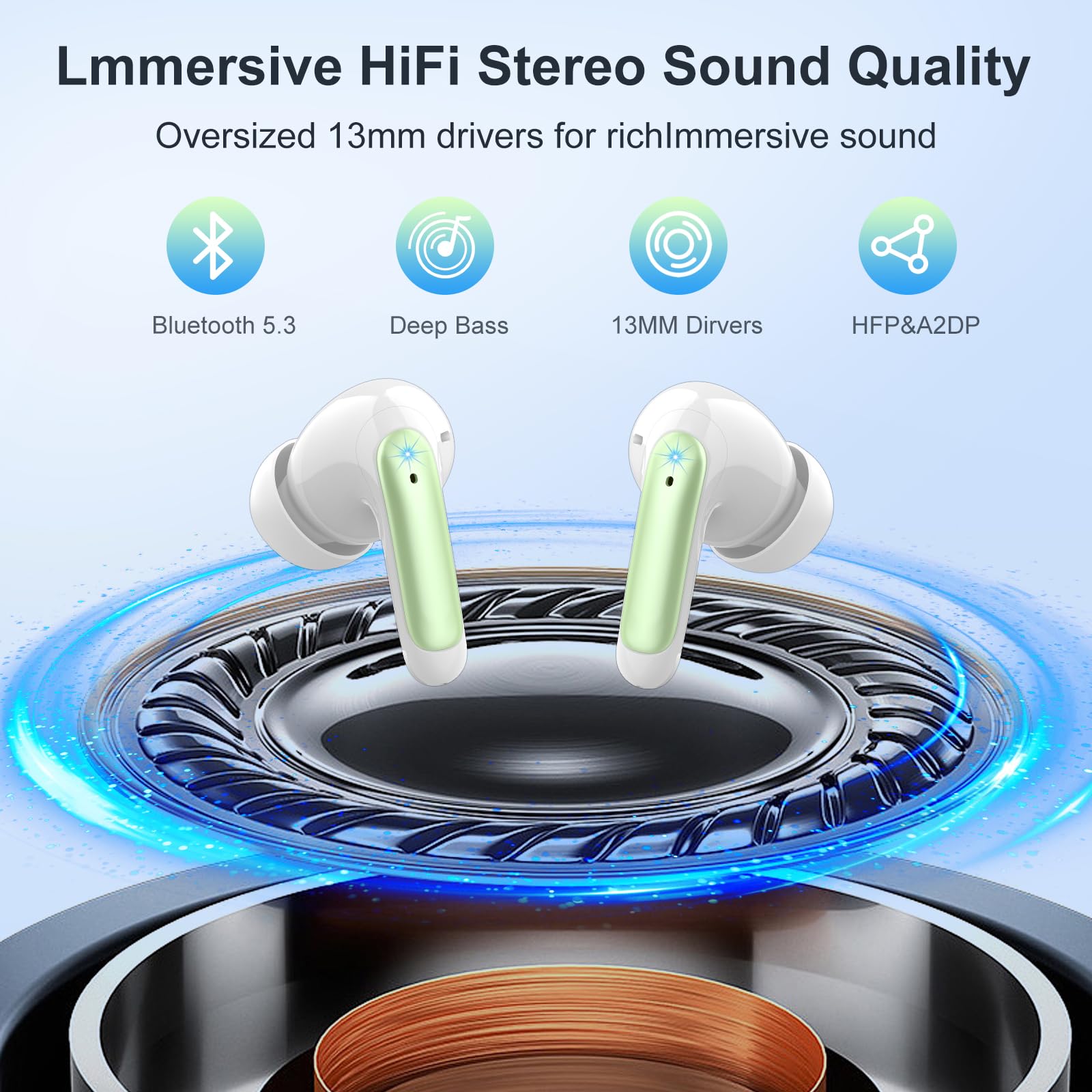 Наушники Bluetooth 5.3 Беспроводные Вкладыши 4 ENC Шумоподавление Микрофон 56 Часов HiFi Стерео Глубокий Бас IP7 Водонепроницаемые с LED Дисплеем Сенсорное Управление Зеленый, фото №3