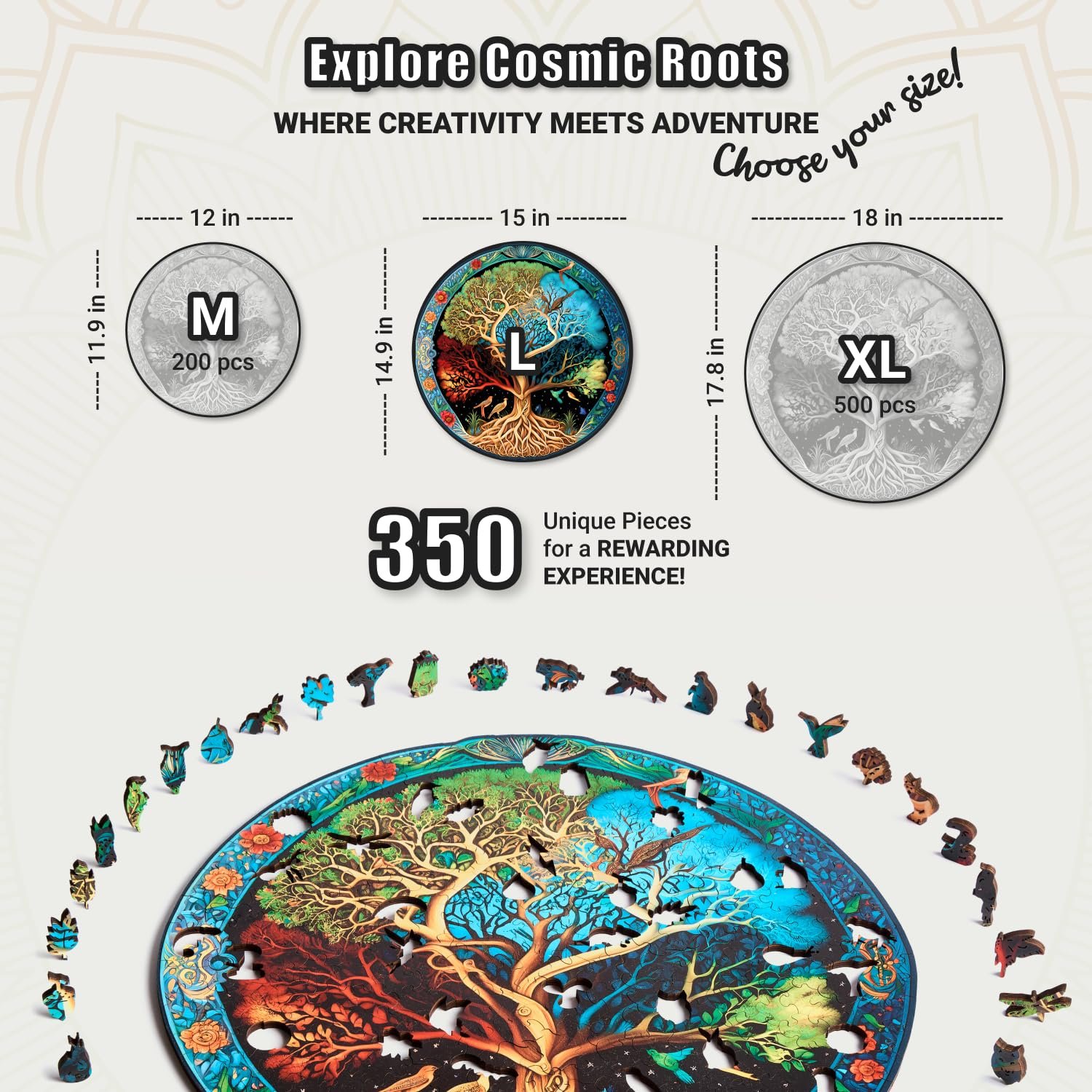 Дерев'яний пазл LEOGOR Eternal Tree of Life 200 деталей 30.2 × 30.5 см Кругла мозаїка, фото №6