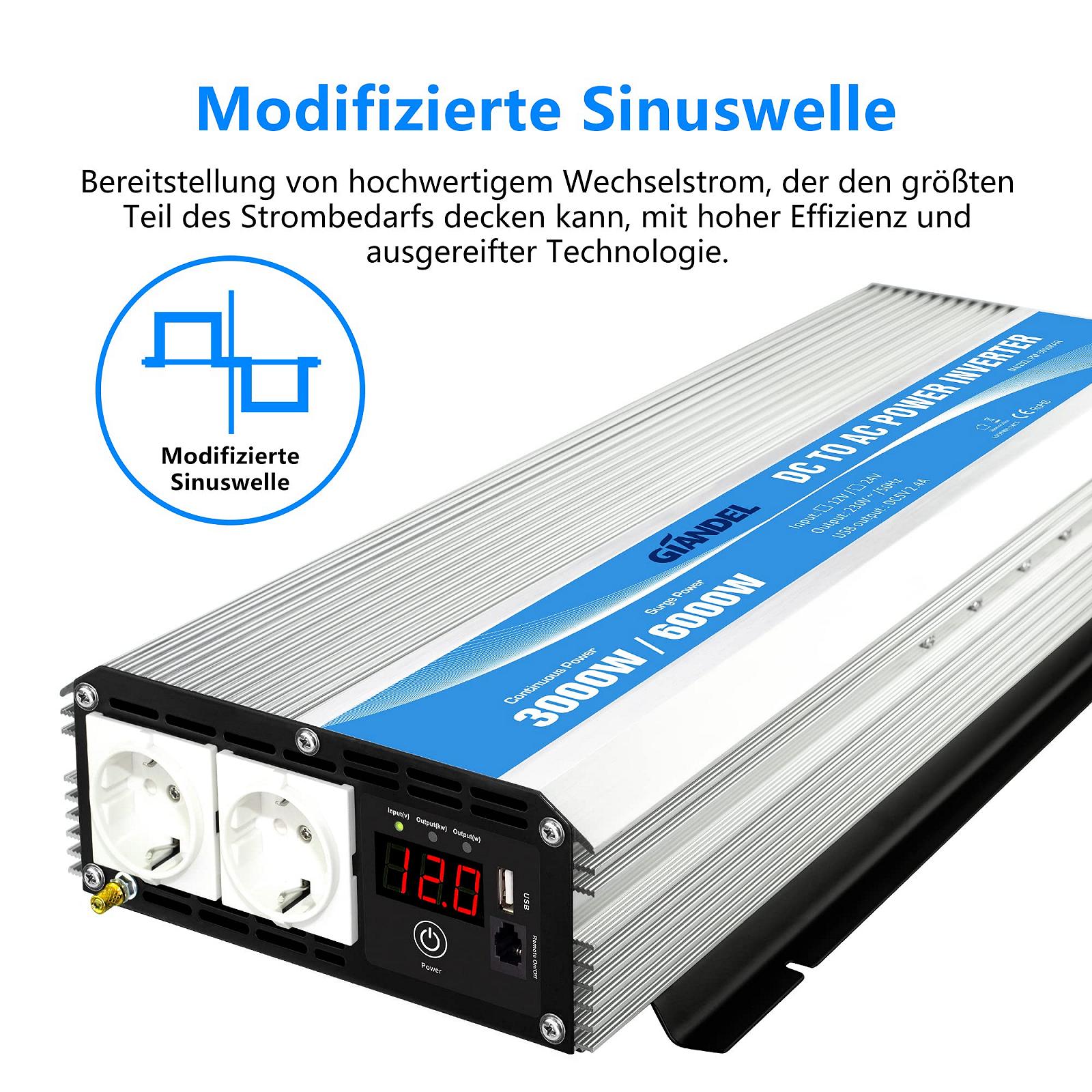 Інвертор GIANDEL Modified Sine Wave 3000 W 12 V в 230 V з пультом ДК та LED дисплеєм 2 розетки AC та USB порт, фото №2