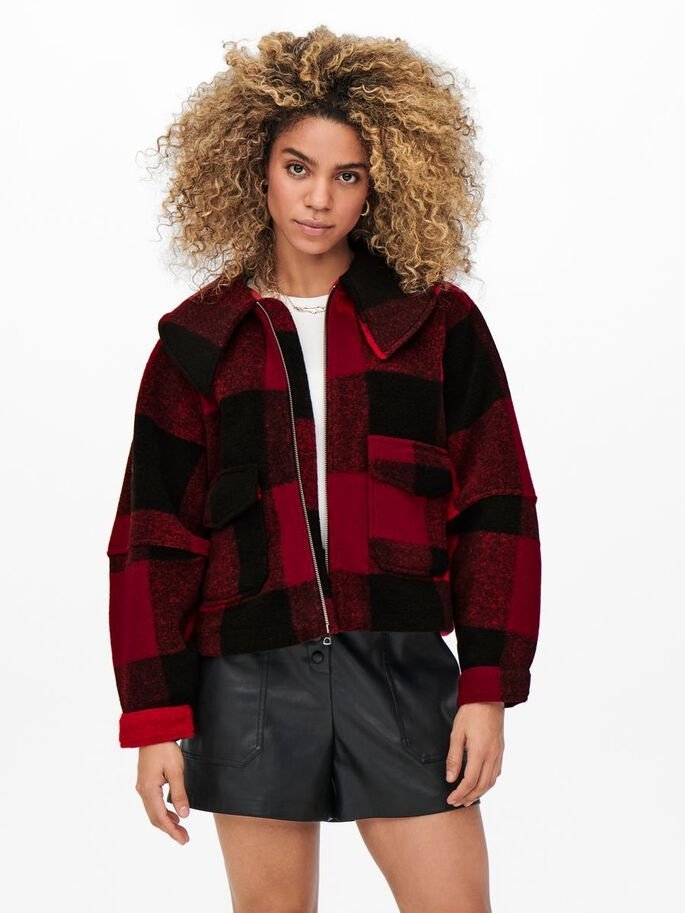 Куртка ONLBROOKLYN Укороченная Серия CHECK JACKET L Barbados Cherry Checks Black ONLY, фото №1