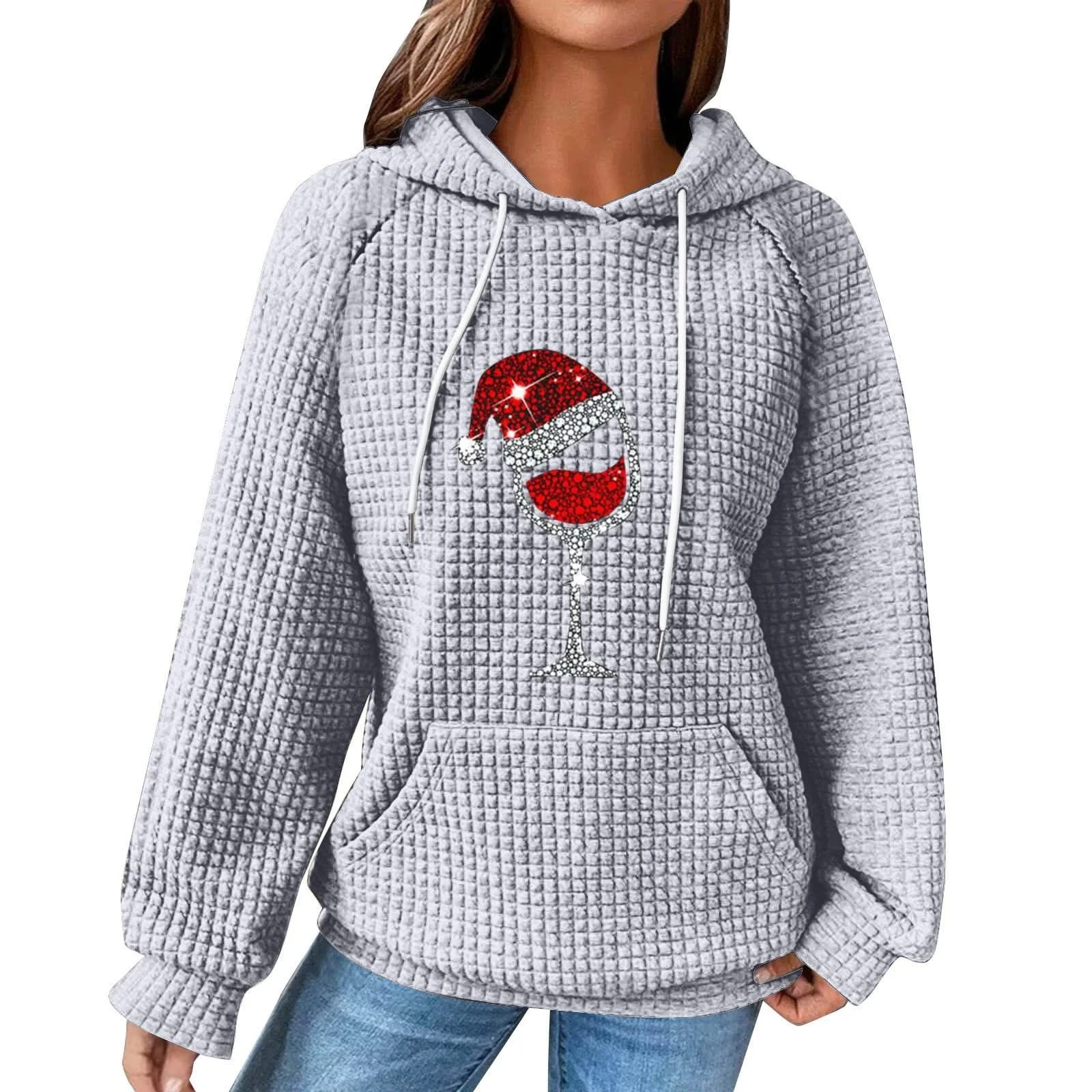 Рождественский джемпер Qixiu Женский Худи Санта Клаус Рождественский Худи Свитшот Уличный Стиль Oversize Длинный Рукав Рождественский Пуловер Топы для Подростков, фото №1