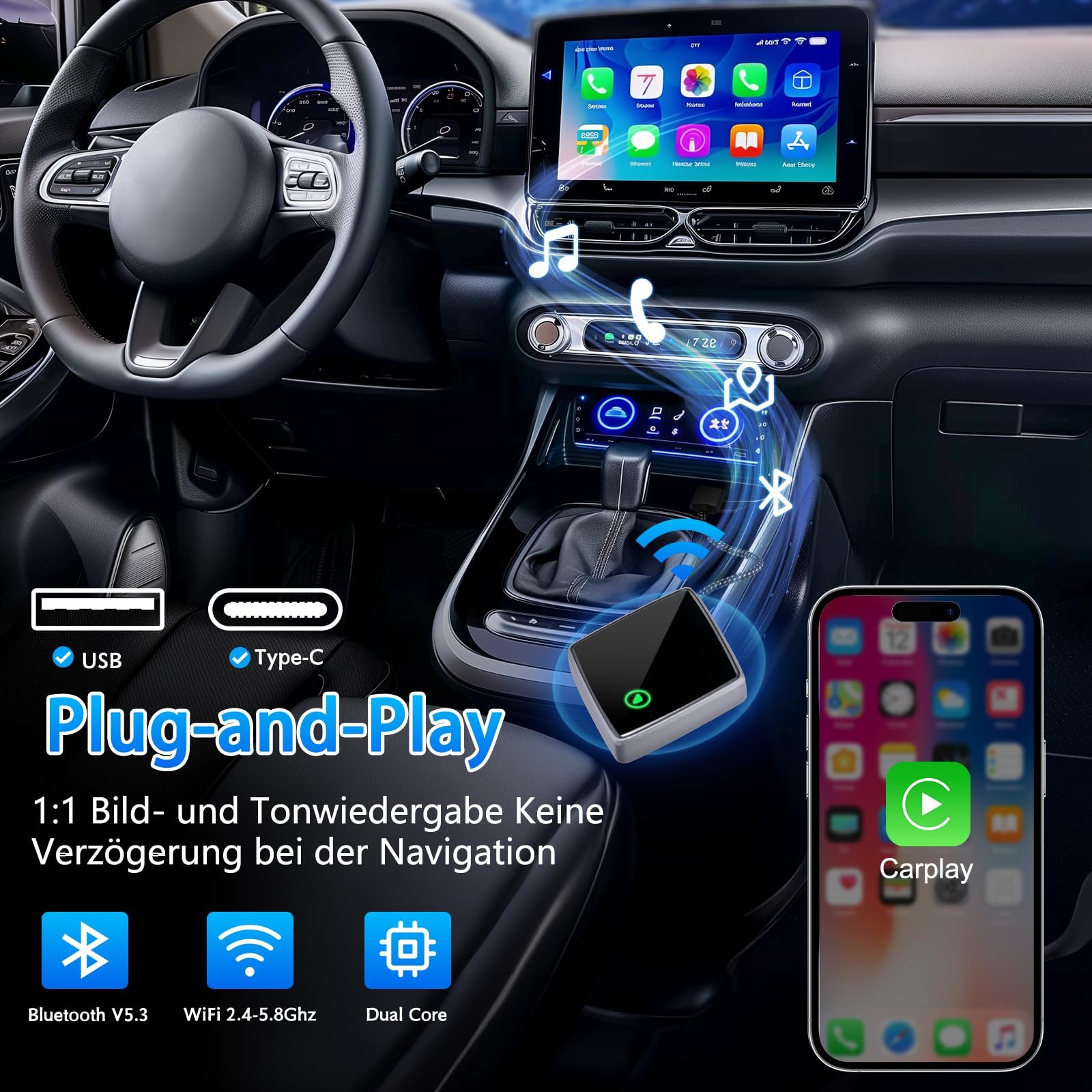 Бездротовий адаптер CarPlay для iPhone, Mini Carplay адаптер з дротового CarPlay на бездротовий, USB C/A Plug and Play стабільне автопідключення CarPlay, сумісний з iPhone iOS 10+ та автомобілями з CarPlay, фото №3