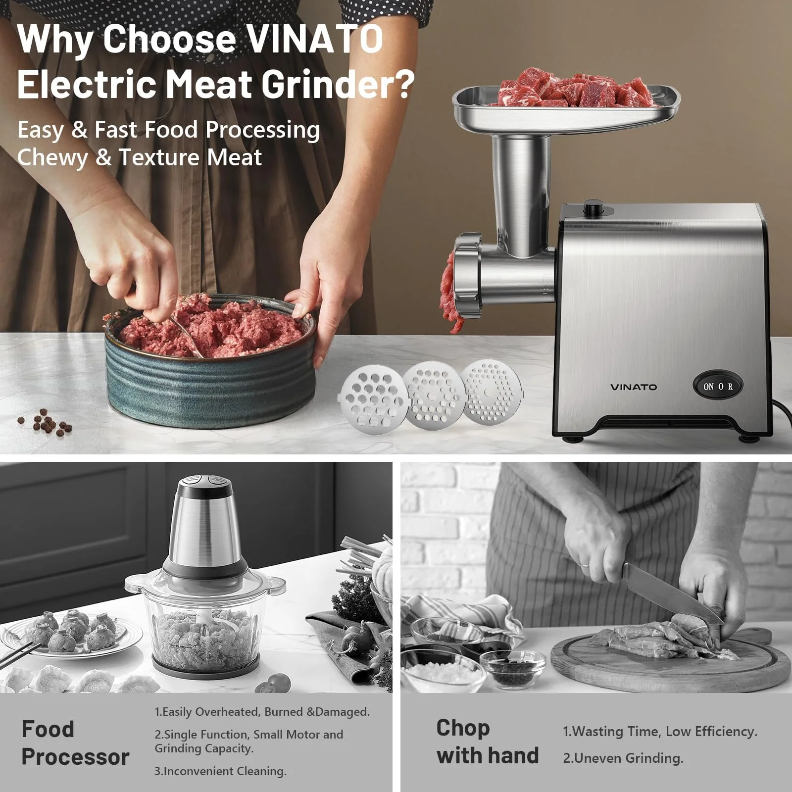 Мясорубка VINATO CompactPower 450 W с 3 дисками и насадкой кеббе, фото №7 Мясорубка VINATO CompactPower 450 W с 3 дисками и насадкой кеббе, фото №7