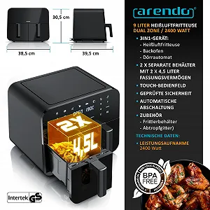 Мультипіч Arendo Kamern XXL 9 л 2 камери 3D Air Circulation 2400 Вт чорна synthetic.ua - Фото 1