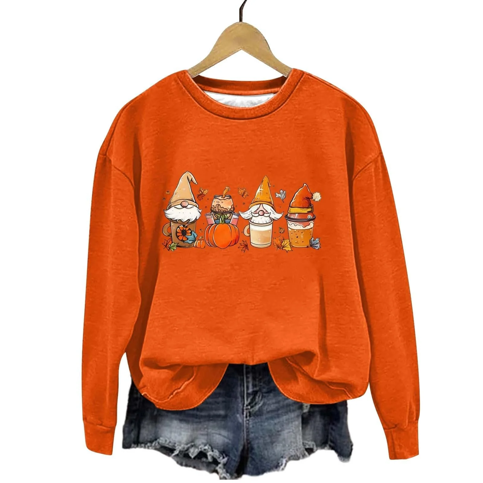 Женский свитшот Рождественский 2024 Праздничный флисовый топ Женский модный повседневный Гном Тыква Принт Круглый вырез Топ без капюшона Свитшот Хлопок Женский комплект, фото №2