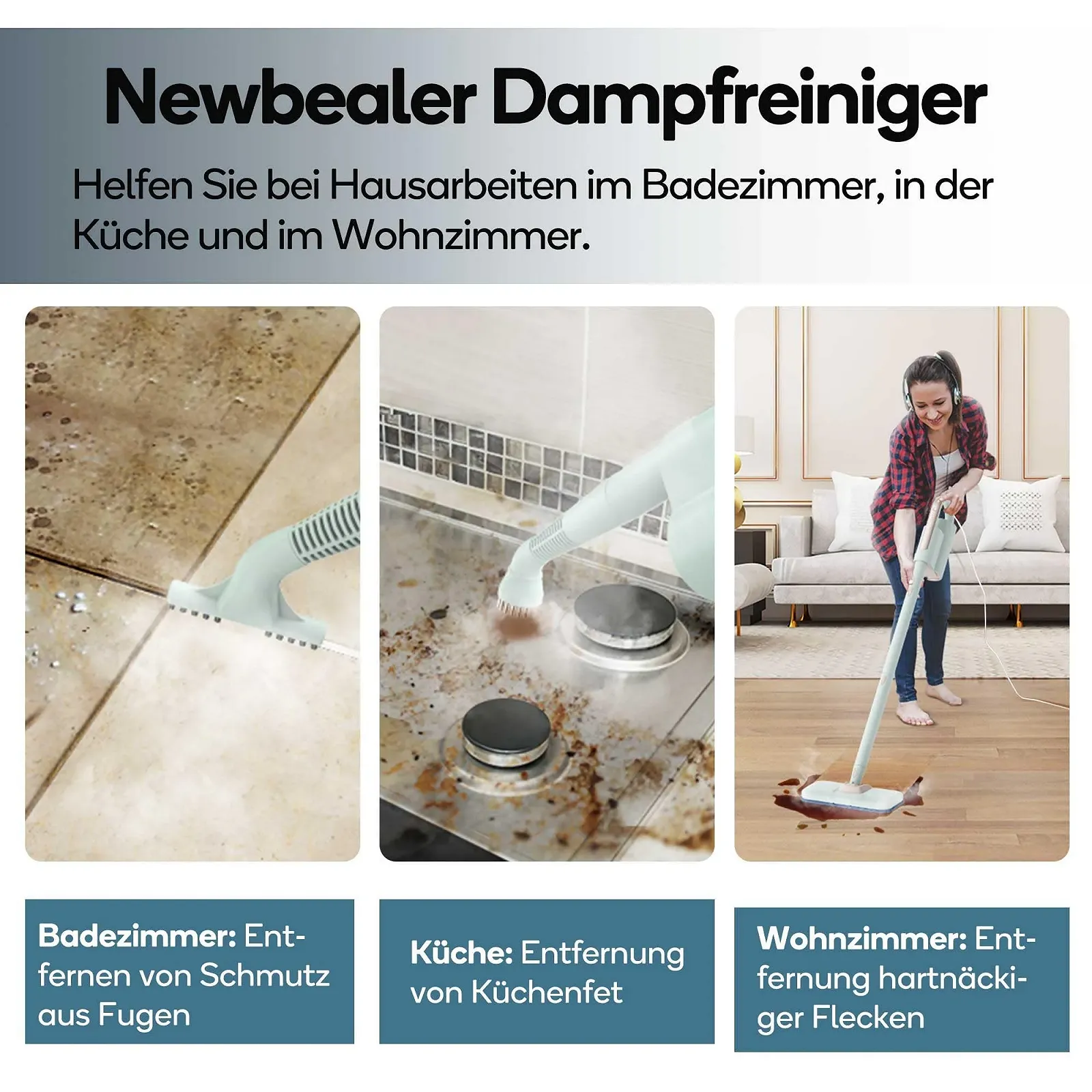 Пароочисник 2-в-1 Newbealer Ручний 1200 Вт знімний з 3 рівнями пари 7 аксесуарами і 2 насадками з мікрофібри, фото №9 Пароочисник 2-в-1 Newbealer Ручний 1200 Вт знімний з 3 рівнями пари 7 аксесуарами і 2 насадками з мікрофібри, фото №9