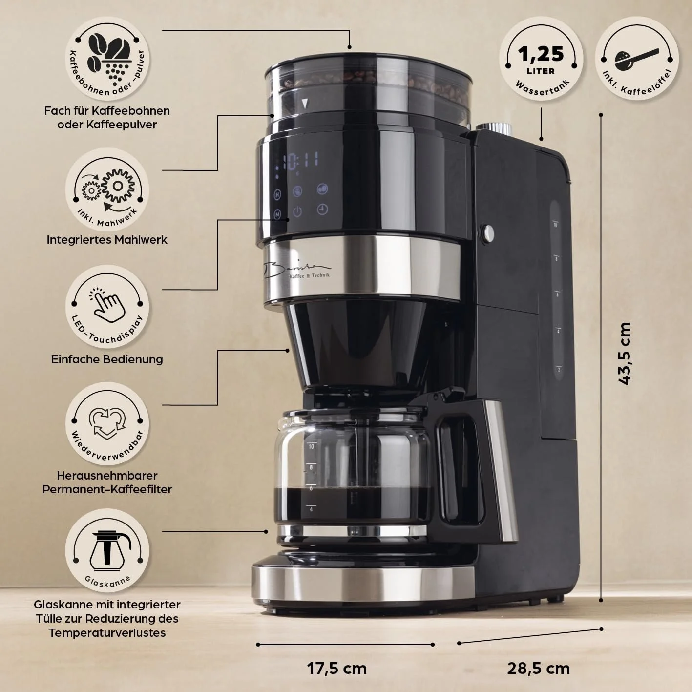 Капельная кофеварка Barista Grind 900 Вт 1.25 л с кофемолкой и сенсорным дисплеем, фото №8